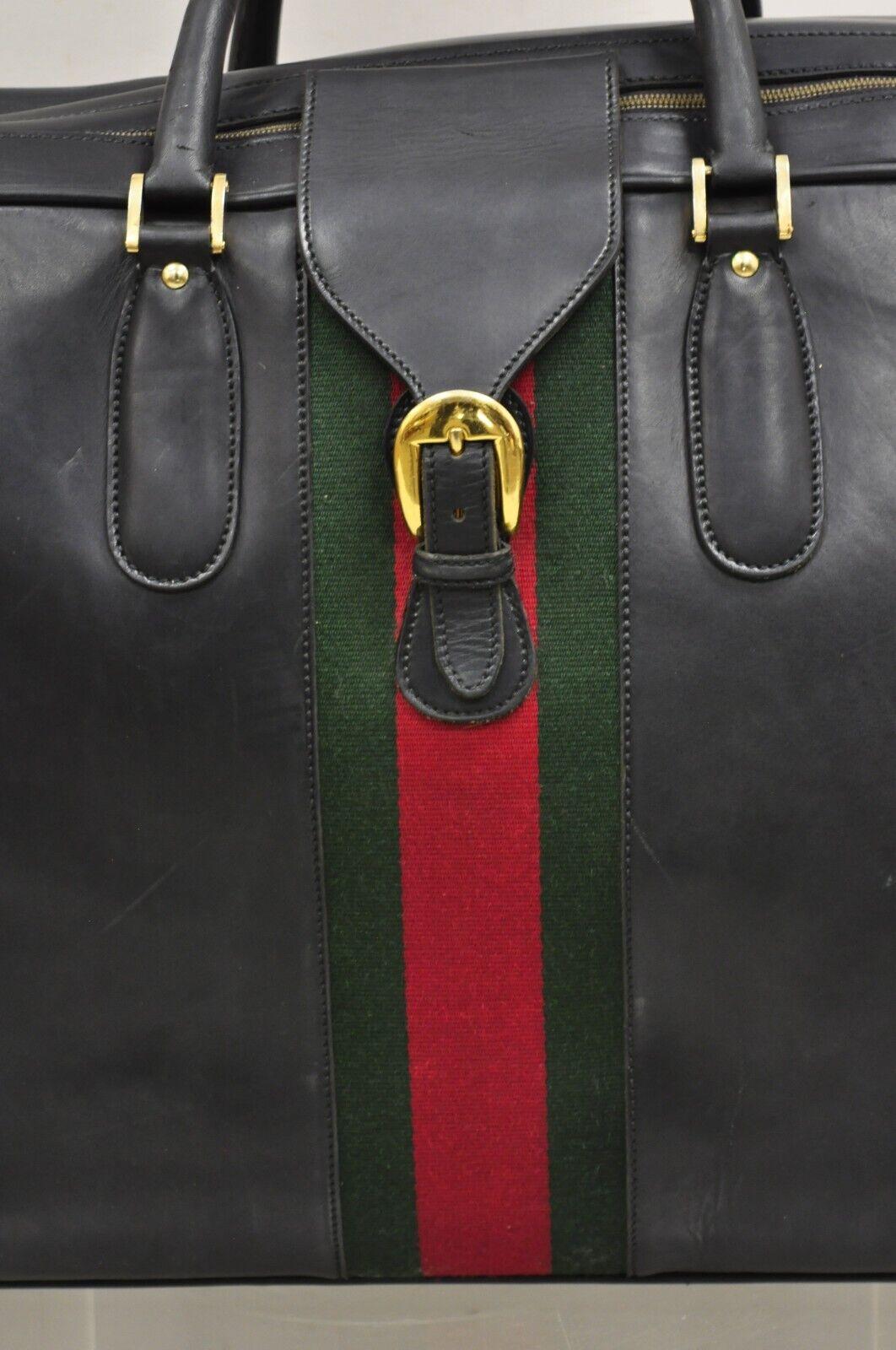 Vintage Gucci Large Black Leather Suitcase Luggage Travel Bag Green Red Webbing For Sale 8