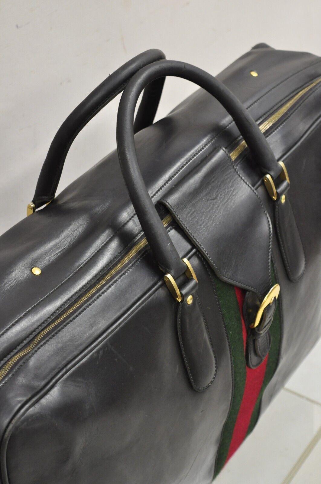 Vintage Gucci Large Black Leather Suitcase Luggage Travel Bag Green Red Webbing For Sale 9