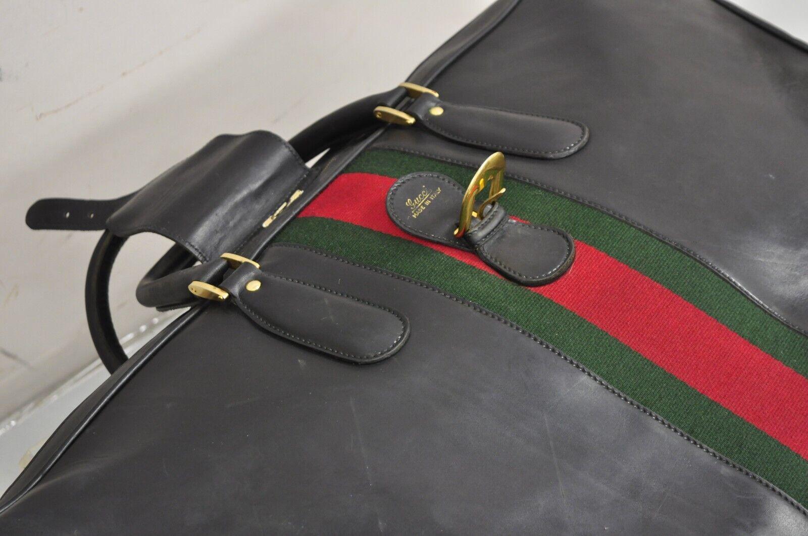 Vintage Gucci Large Black Leather Suitcase Luggage Travel Bag Green Red Webbing For Sale 11