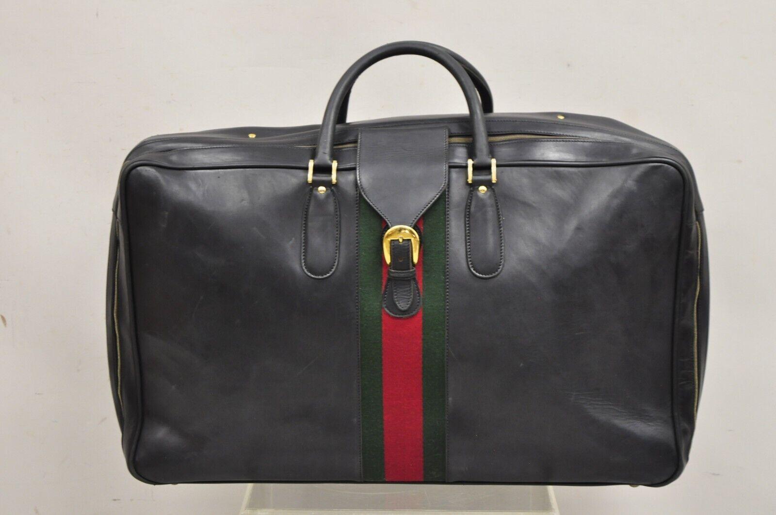 Vintage Gucci Large Black Leather Suitcase Luggage Travel Bag Green Red Webbing. Item featured is original vintage Gucci luggage, gold gilt 