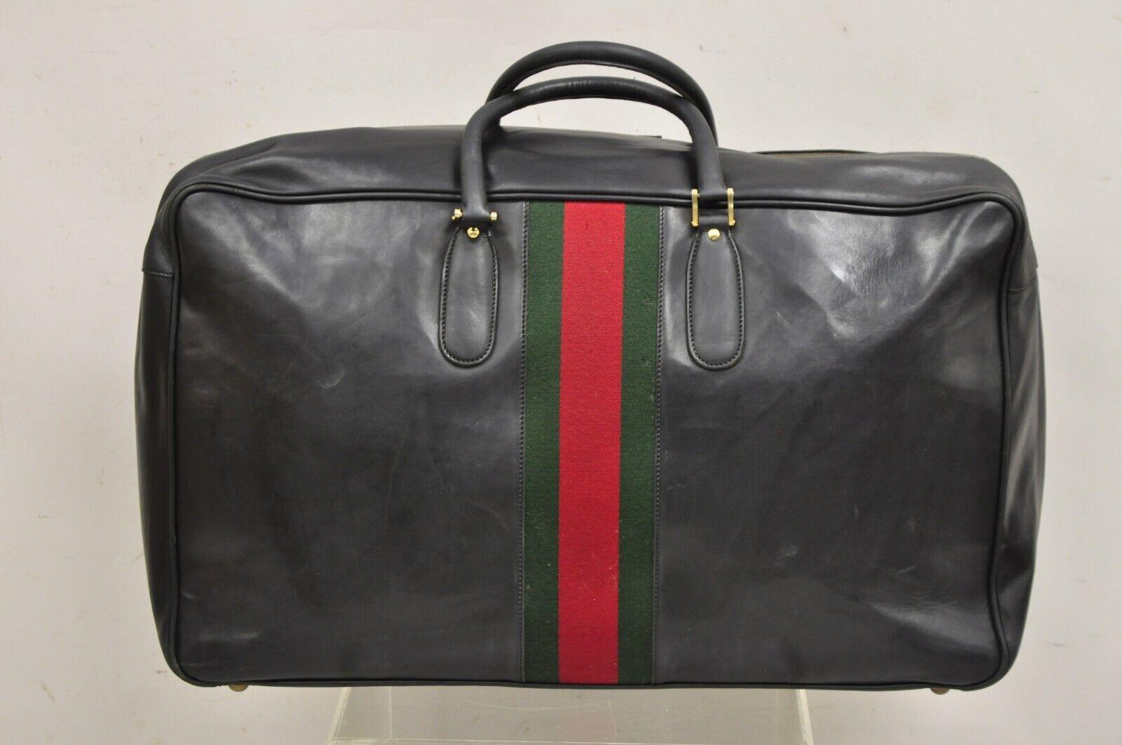 Modern Vintage Gucci Large Black Leather Suitcase Luggage Travel Bag Green Red Webbing For Sale