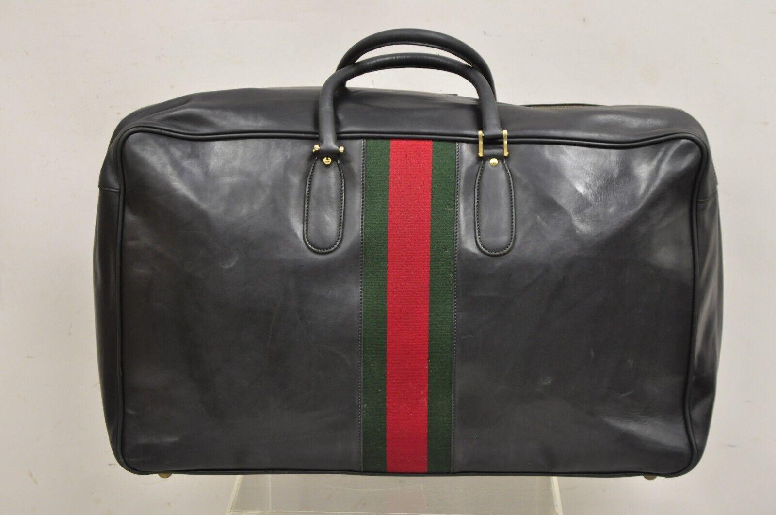 Moderne Vintage Gucci Large Black Leather Suitcase Luggage Travel Bag Green Red Webbing en vente