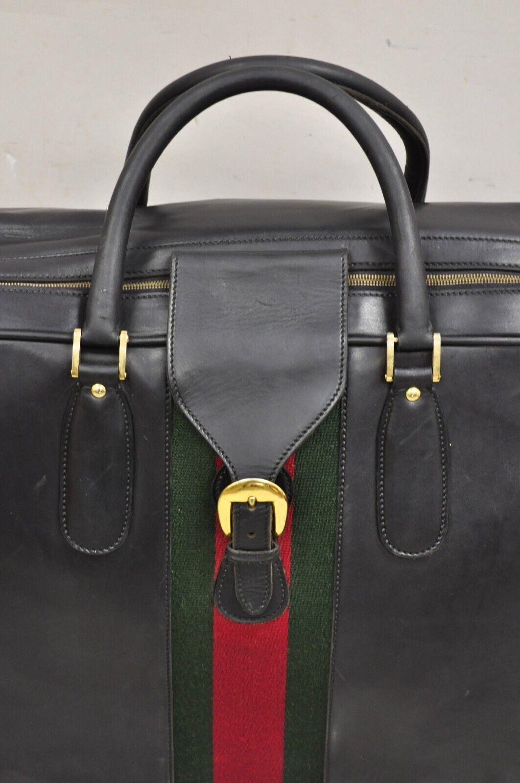 Vintage Gucci Large Black Leather Suitcase Luggage Travel Bag Green Red Webbing In Good Condition For Sale In Philadelphia, PA