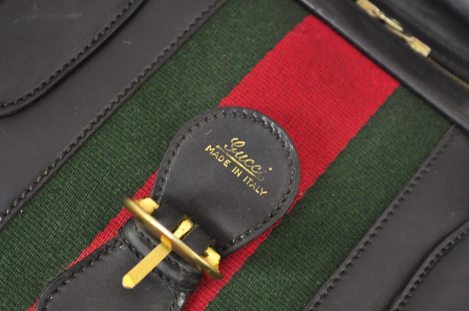 Cuir Vintage Gucci Large Black Leather Suitcase Luggage Travel Bag Green Red Webbing en vente