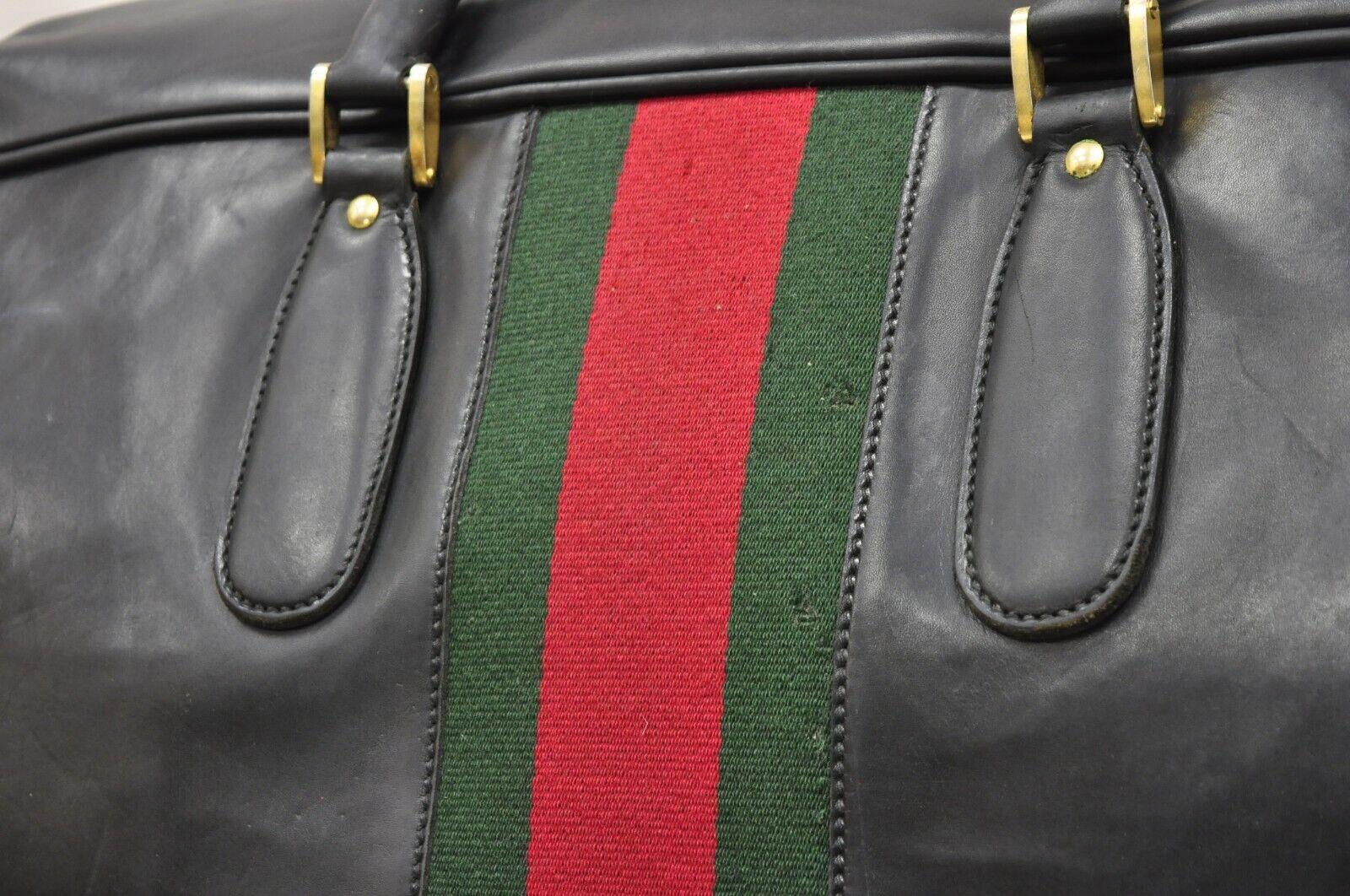 Vintage Gucci Large Black Leather Suitcase Luggage Travel Bag Green Red Webbing en vente 1