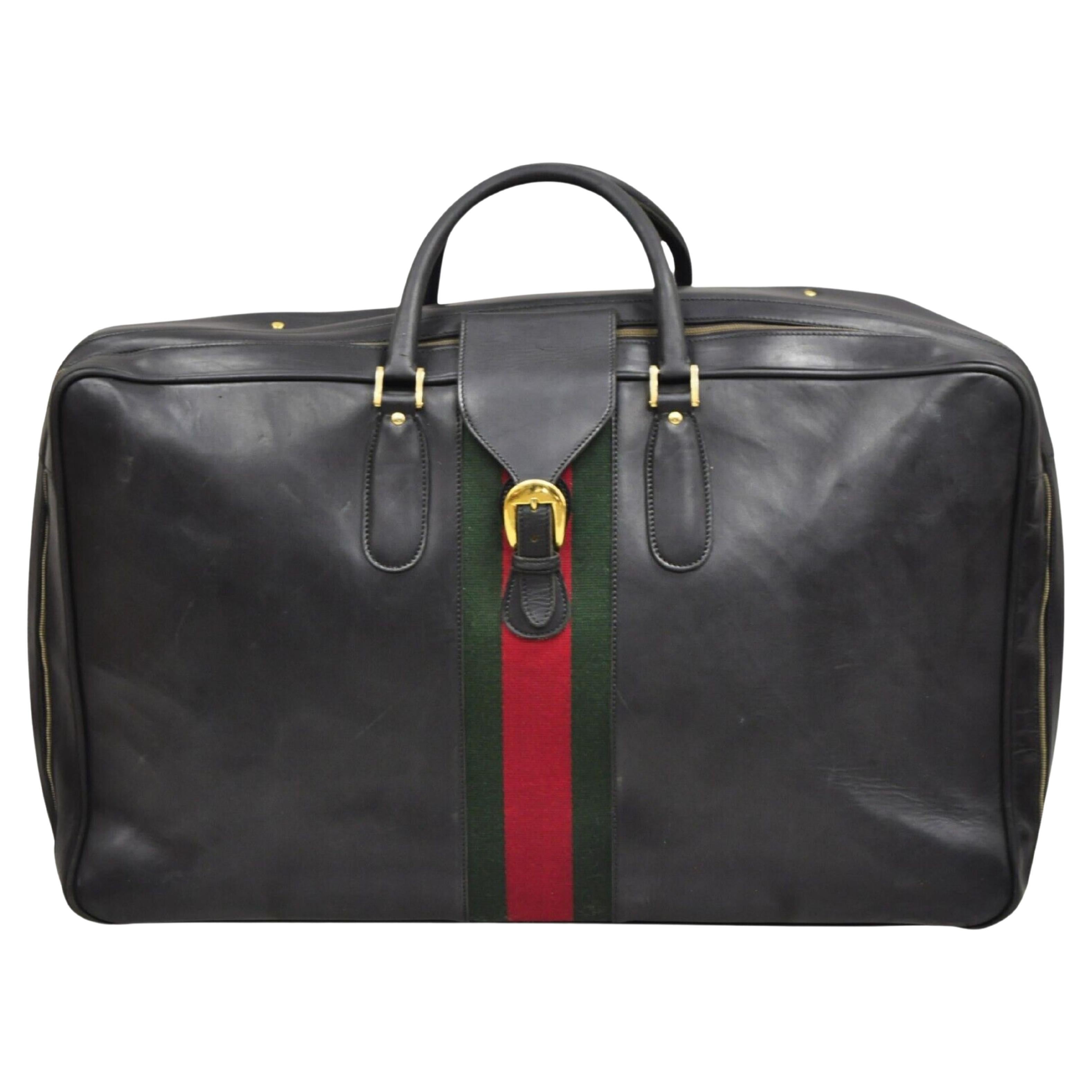 Vintage Gucci Large Black Leather Suitcase Luggage Travel Bag Green Red Webbing