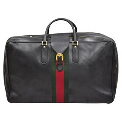 Retro Gucci Large Black Leather Suitcase Luggage Travel Bag Green Red Webbing