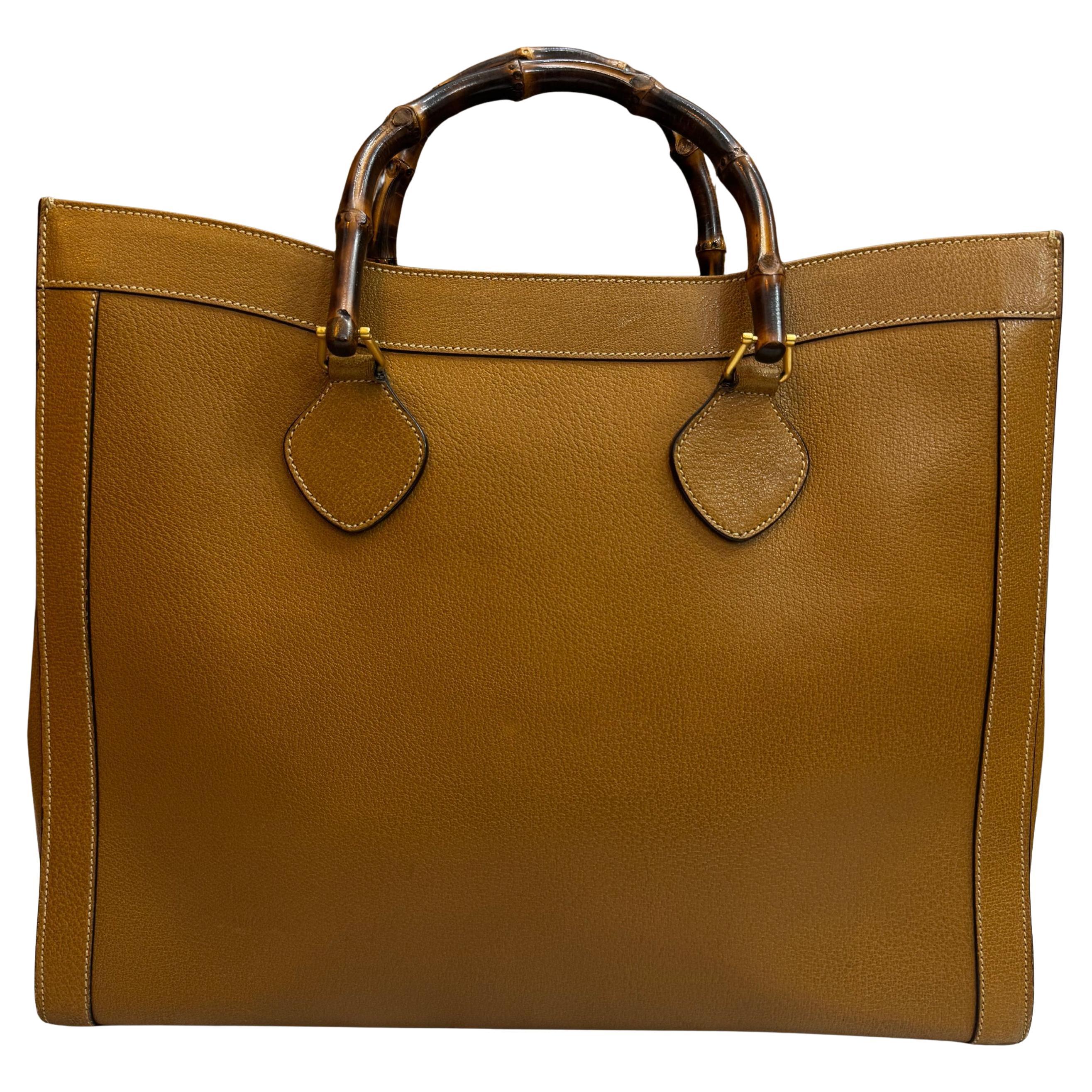 Vintage GUCCI Large Diana Tote Bamboo Tote Bag Brown Leather Single Compartment