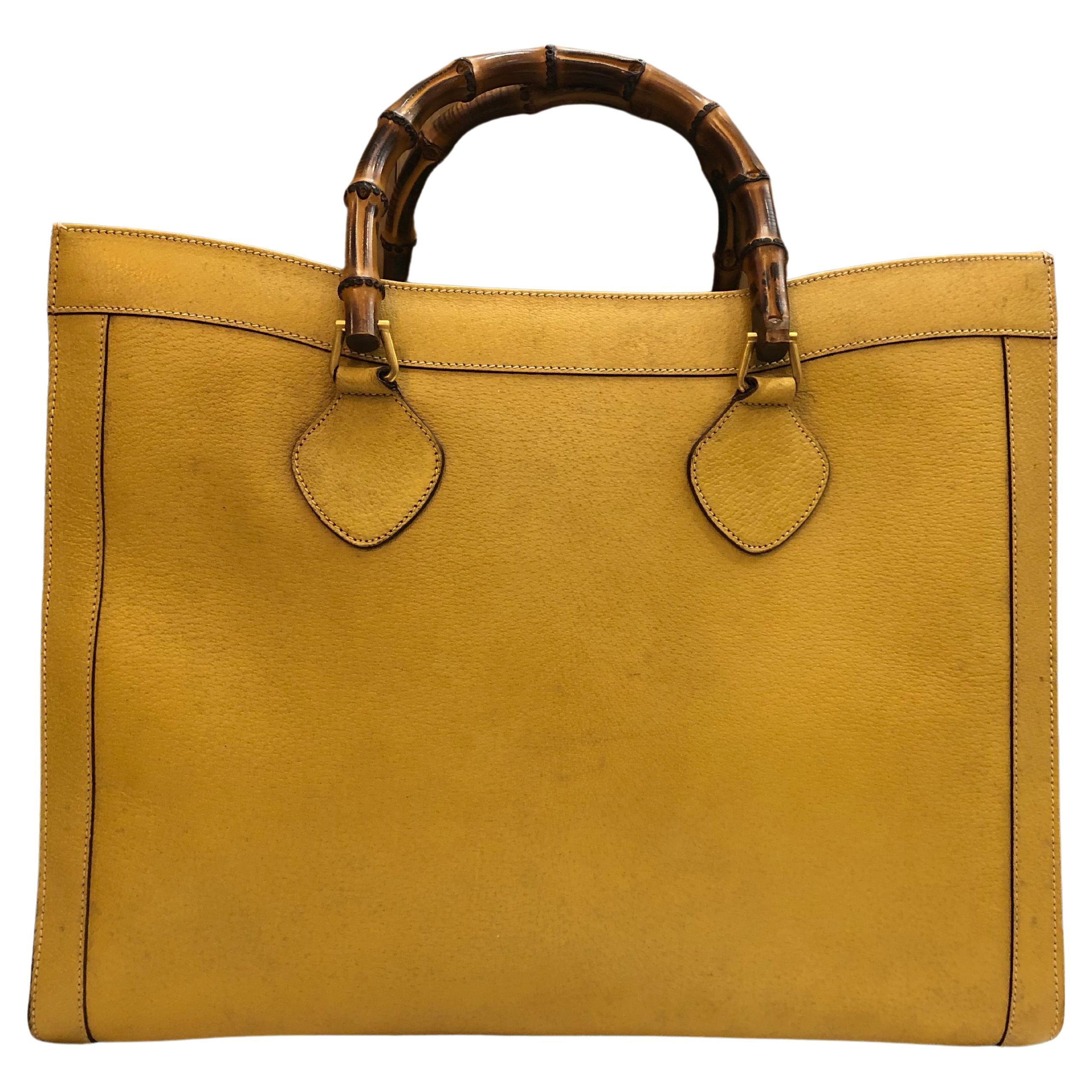 Vintage GUCCI Large Diana Tote Bamboo Tote Bag Leather Yellow Single Compartment For Sale