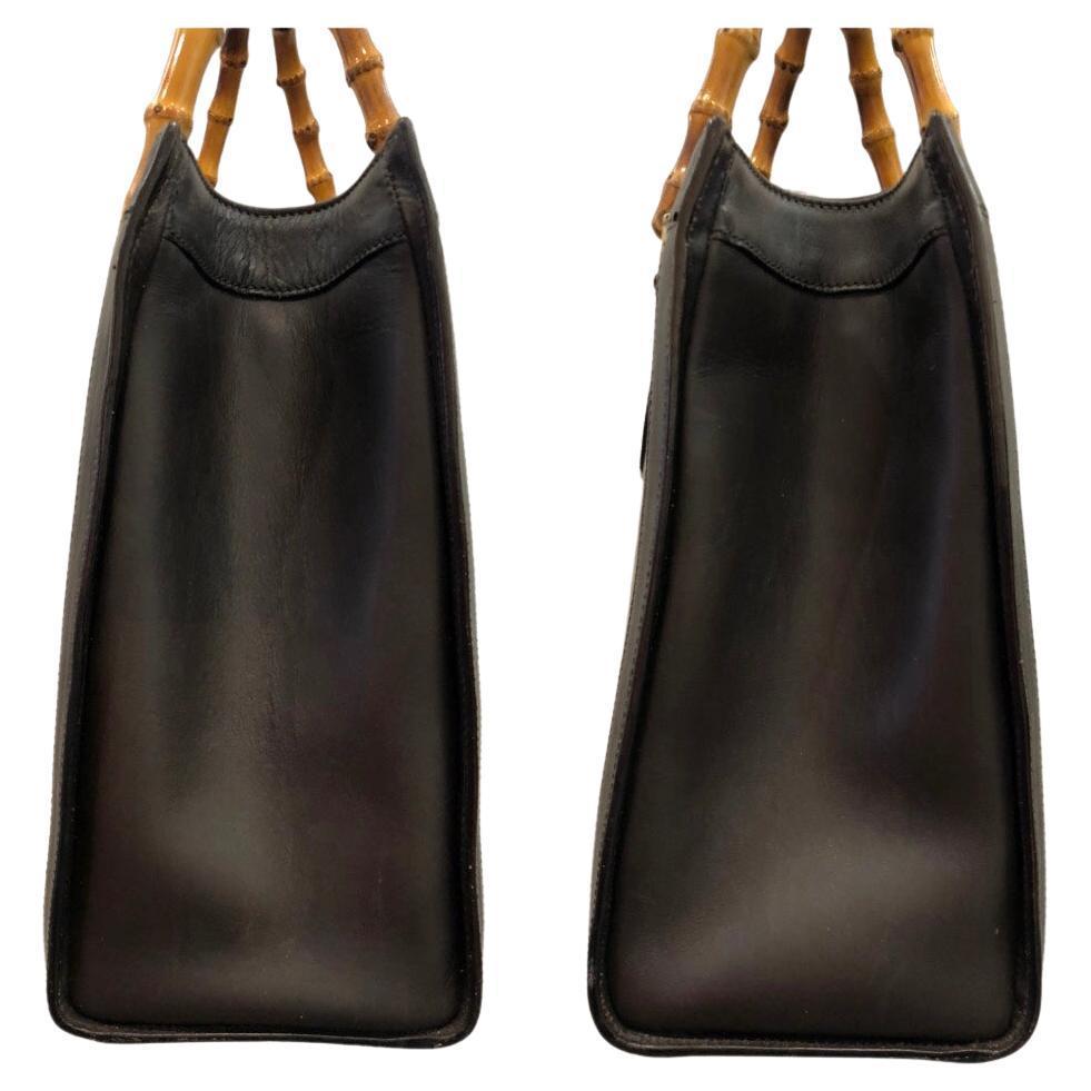 Black Vintage GUCCI Diana Tote Bamboo Tote Bag Calfskin Leather Dark Brown (Medium)