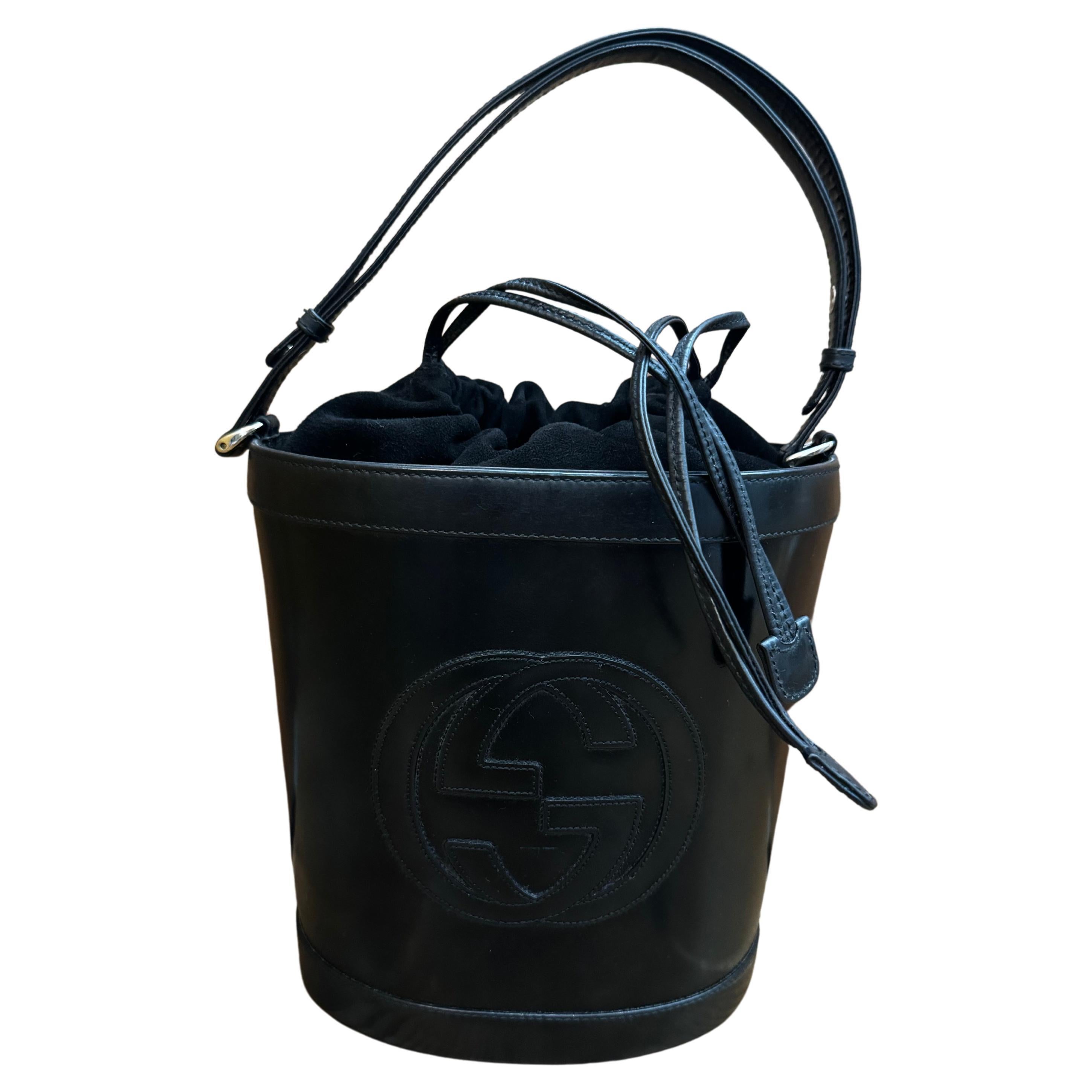 Vintage GUCCI Leather Bucket Shoulder Handbag Black en vente