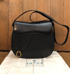 Vintage GUCCI Leather Saddle Shoulder Bag Black Equestrian Unisex