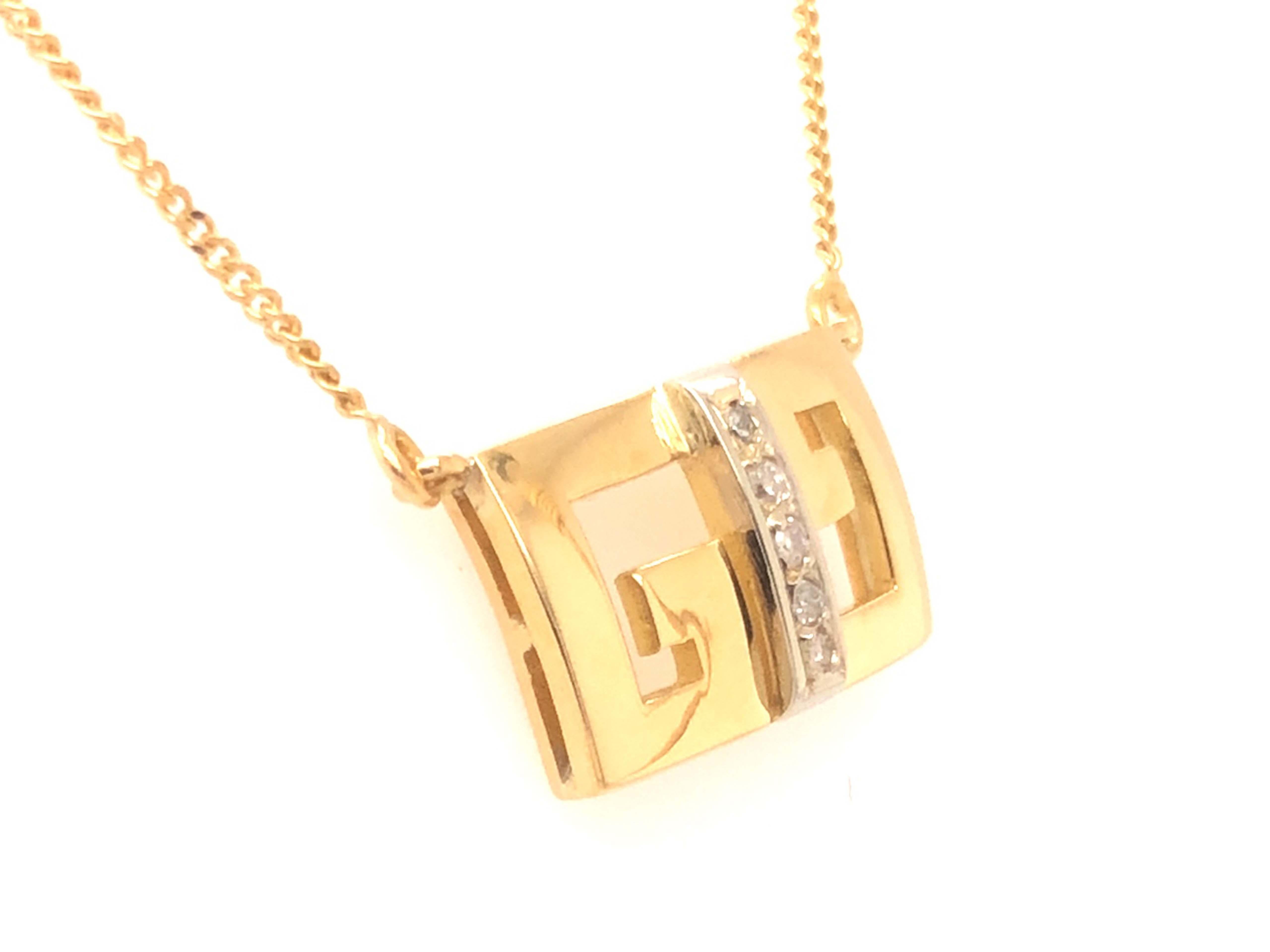 Round Cut Vintage Gucci Logo Gold and Diamond Pendant with Chain, 18k Yellow Gold