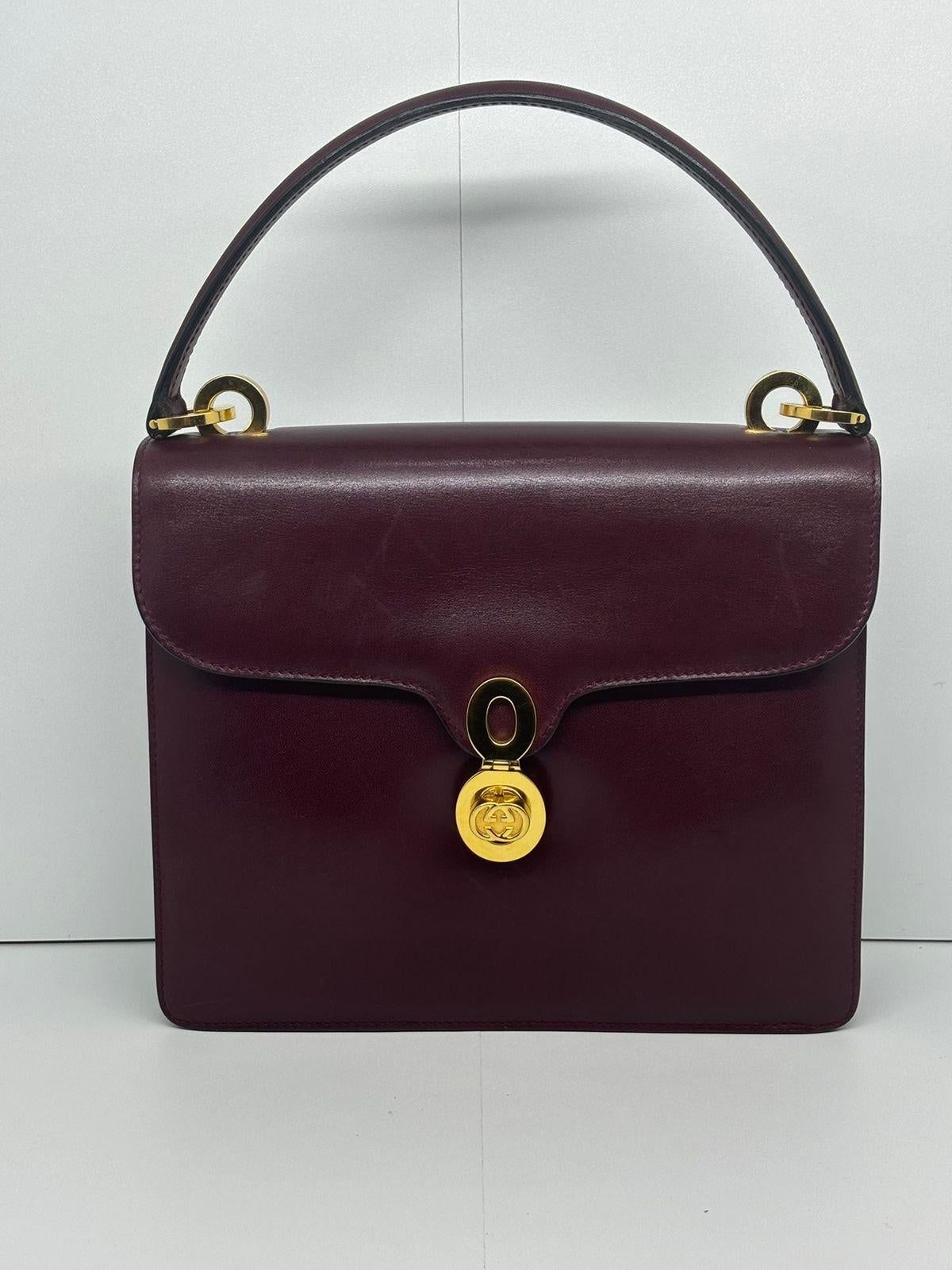 Vintage Gucci Maroon Smooth Leather Top Handle Turn-Lock Bag For Sale 1