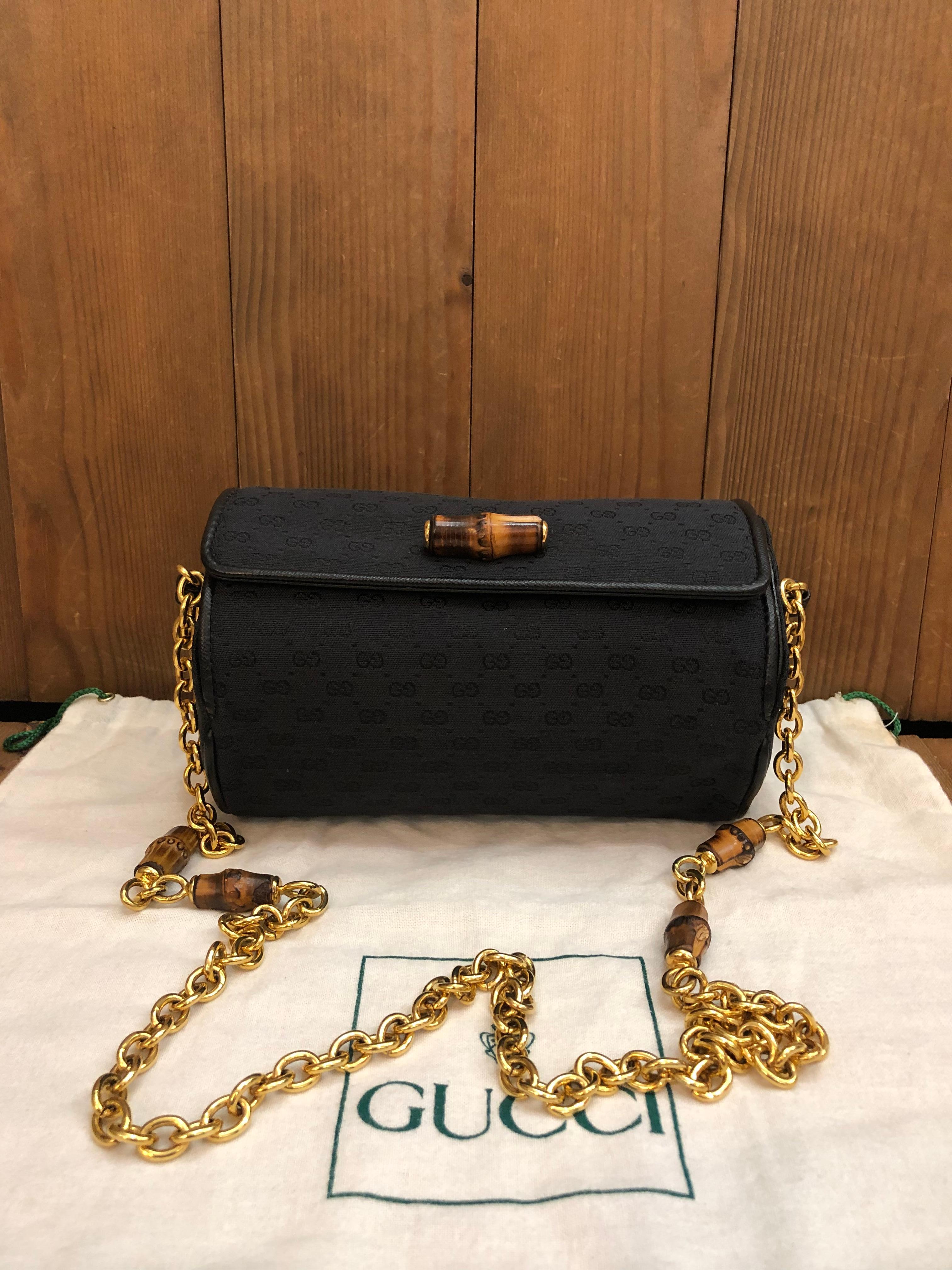 1990s Vintage GUCCI Micro GG Jaccquard Bamboo Chain Pouch Bag Black In Good Condition For Sale In Bangkok, TH