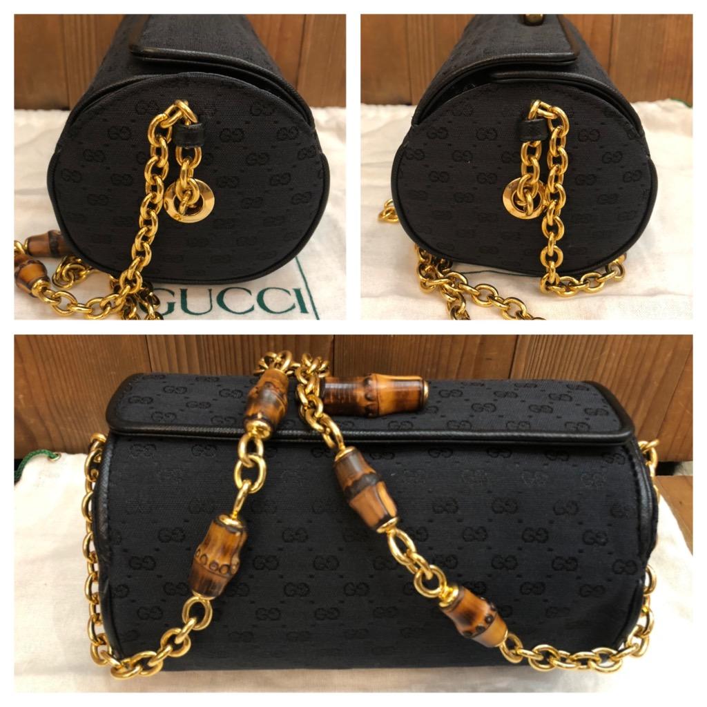 Women's or Men's 1990s Vintage GUCCI Micro GG Jaccquard Bamboo Chain Pouch Bag Black For Sale