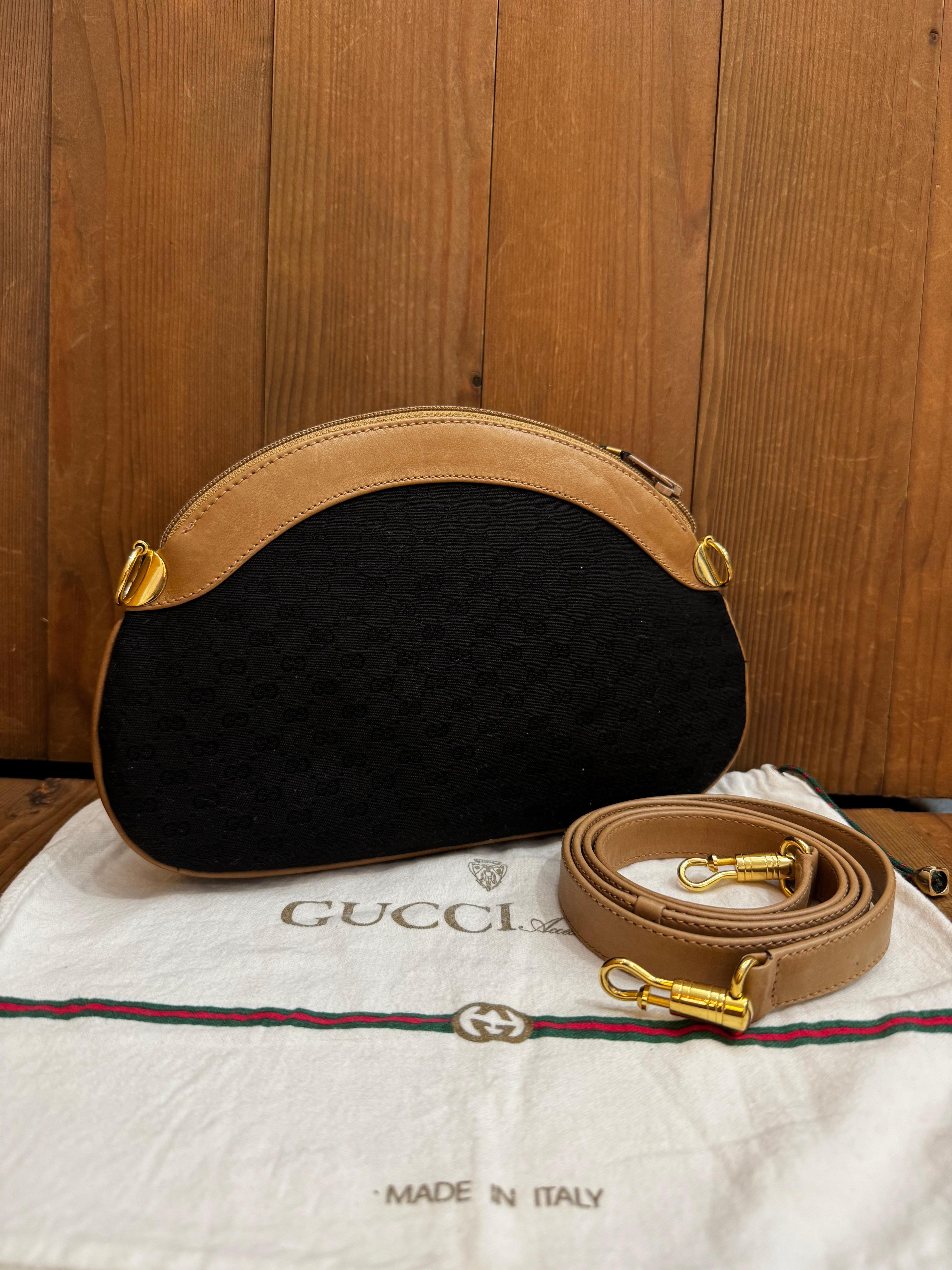 Brown 1970s Vintage GUCCI Micro GG Jacquard Two-Way Clutch Crossbody Bag Black Beige For Sale