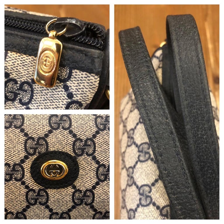 Vintage GUCCI Monogram Canvas Triangle Crossbody Bag Navy For Sale at