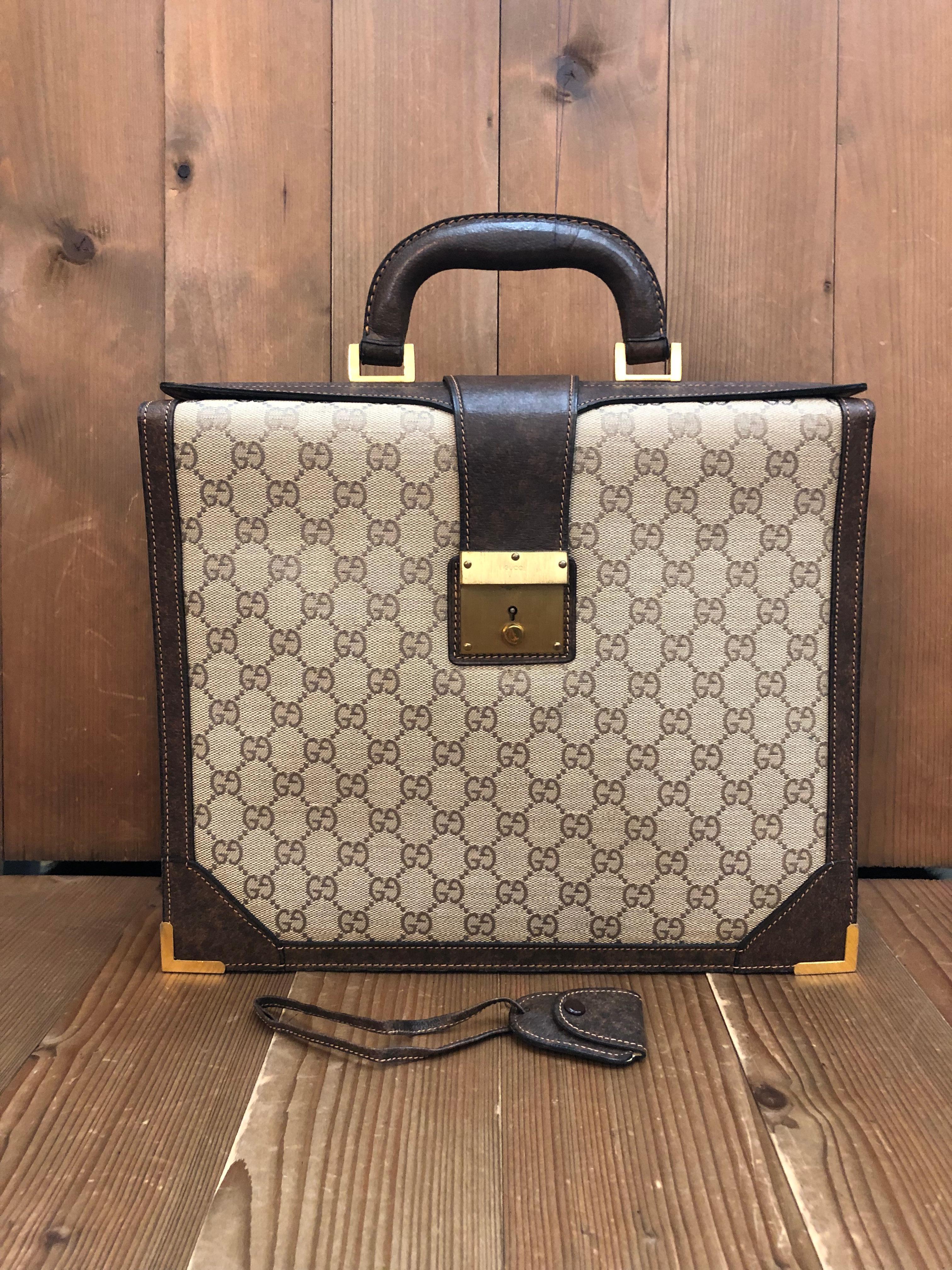 Vintage GUCCI Monogram Jacquard Compact Briefcase Brown Small In Good Condition For Sale In Bangkok, TH