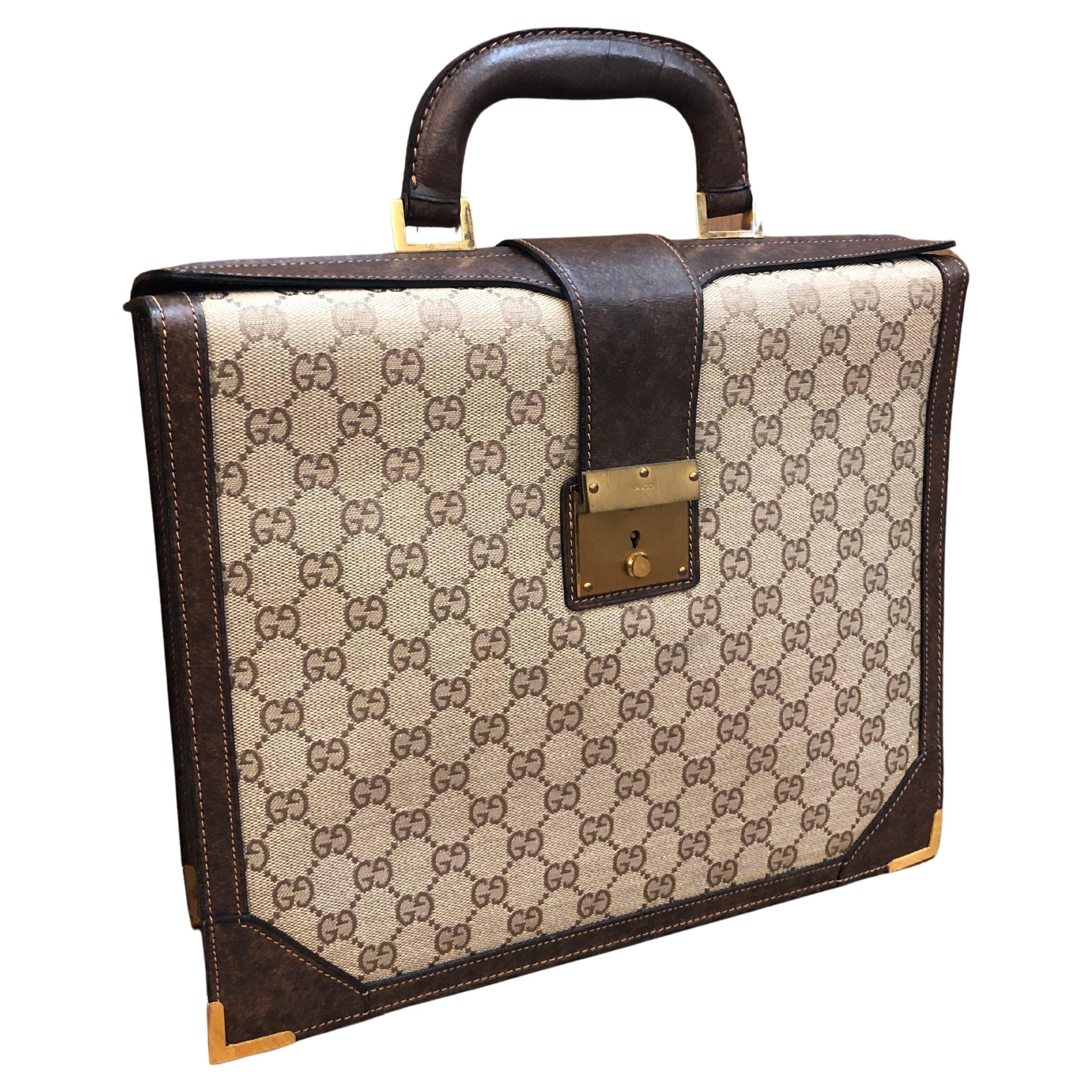 Vintage GUCCI Monogram Jacquard Compact Briefcase Brown Small