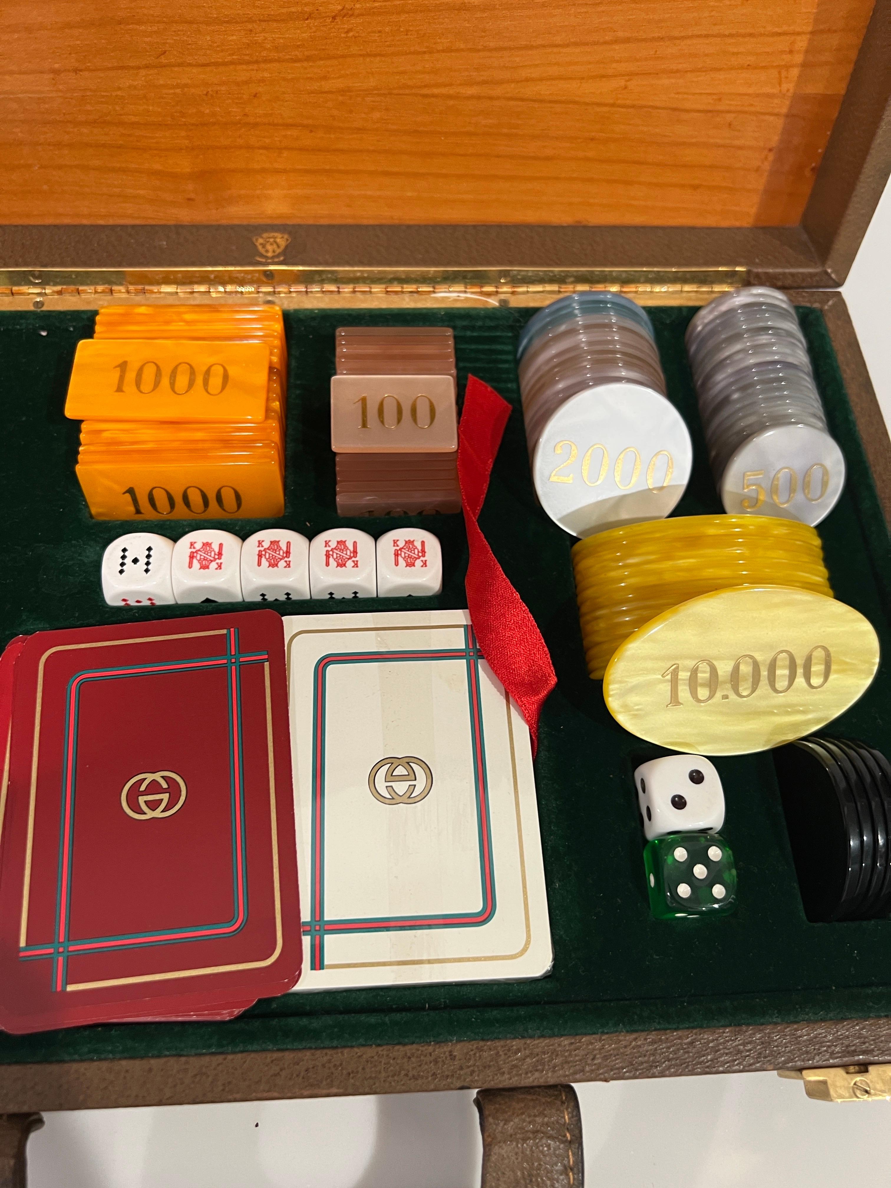 Autentico set da poker da casinò d'epoca Gucci con custodia da viaggio in rete

Italia, circa anni '70-'80

Un raro e lussuoso set da poker da casinò Gucci, realizzato durante l'epoca d'oro degli accessori da viaggio della Maison. L'esterno è