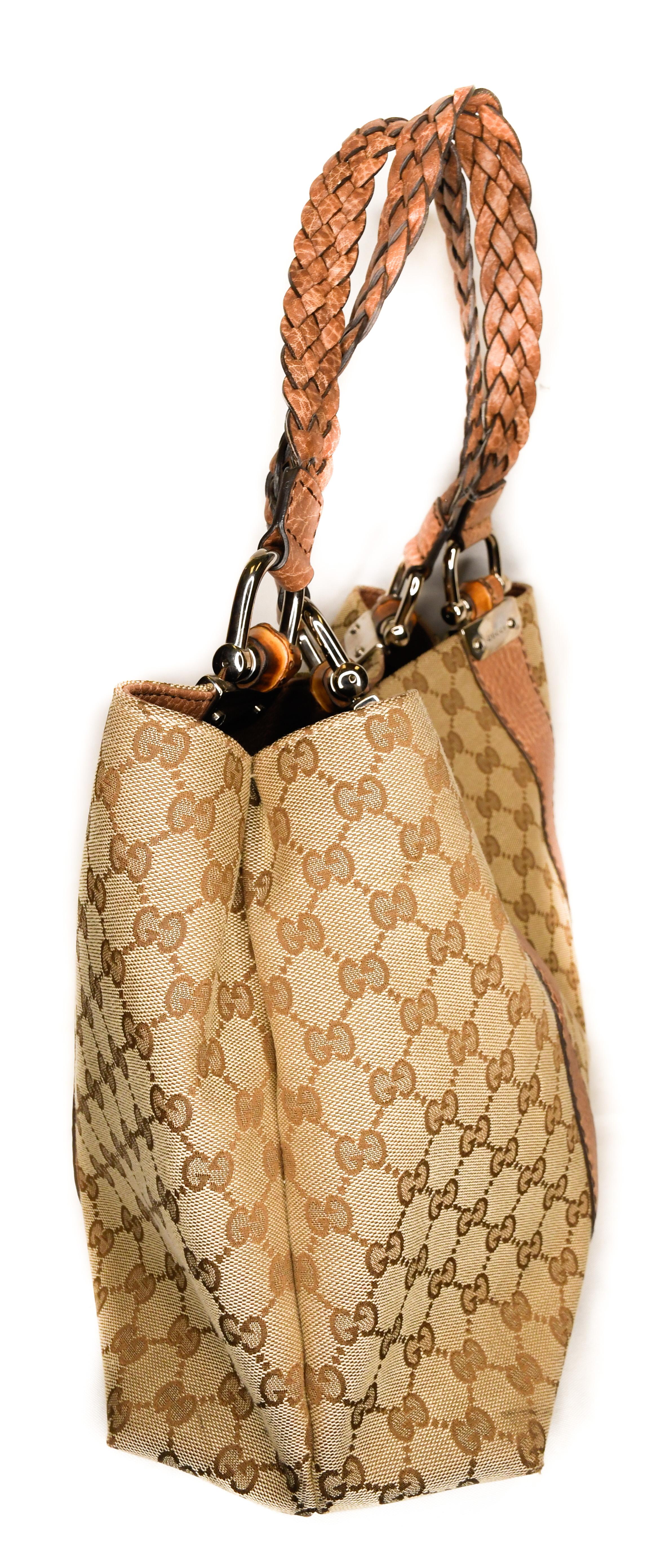 Vintage Gucci Monogram Tote mit geflochtenen Riemen und Bambus-Akzenten im Zustand „Gut“ in Palm Beach, FL