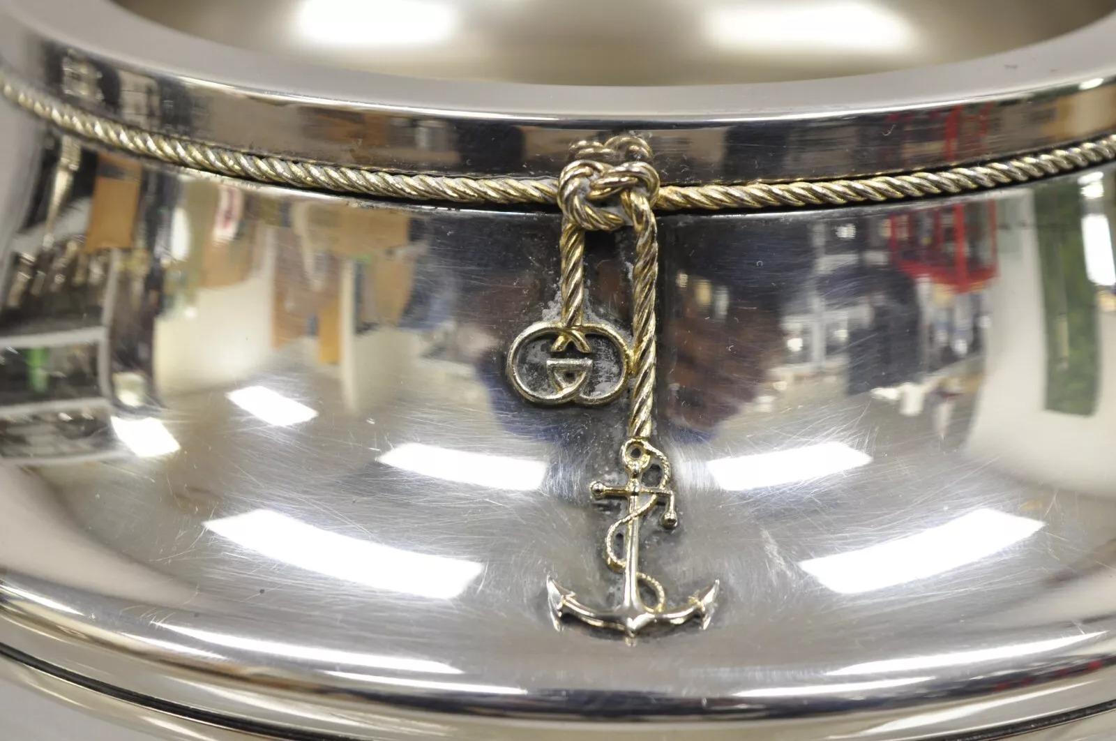Very Rare Vintage Gucci Nautical Ship Anchor Modern Silver Plated Champagne Wine Bottle Coaster. Circa Late 20th Century. Measurements: 2.5
