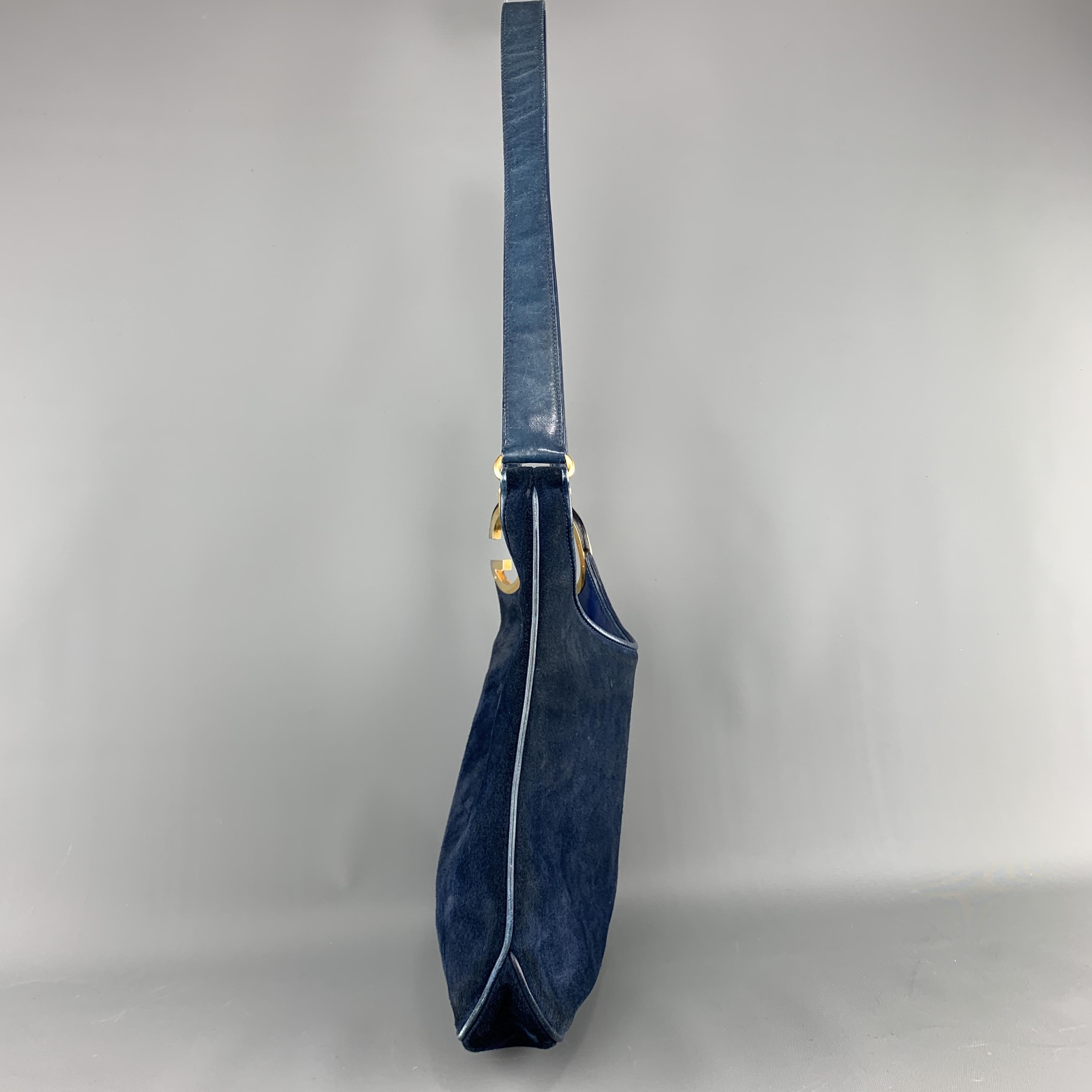 Black Vintage GUCCI Navy Blue Suede Gold Tone GG Shoulder Bag