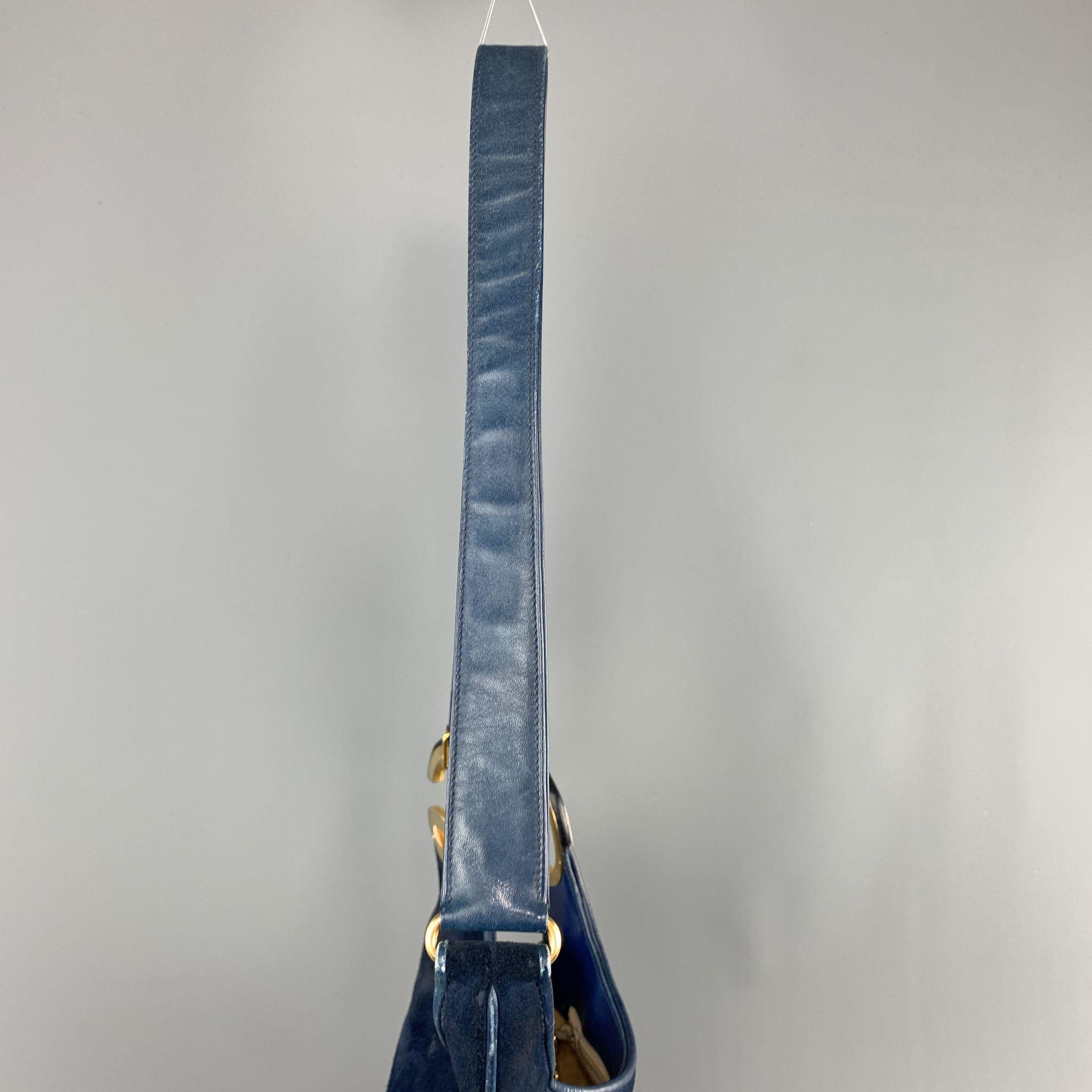 Vintage GUCCI Navy Blue Suede Gold Tone GG Shoulder Bag In Good Condition In San Francisco, CA