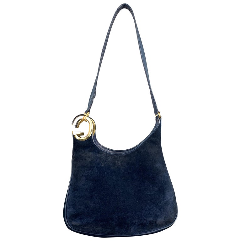 Vintage GUCCI Navy Blue Suede Gold Tone GG Shoulder Bag at 1stdibs