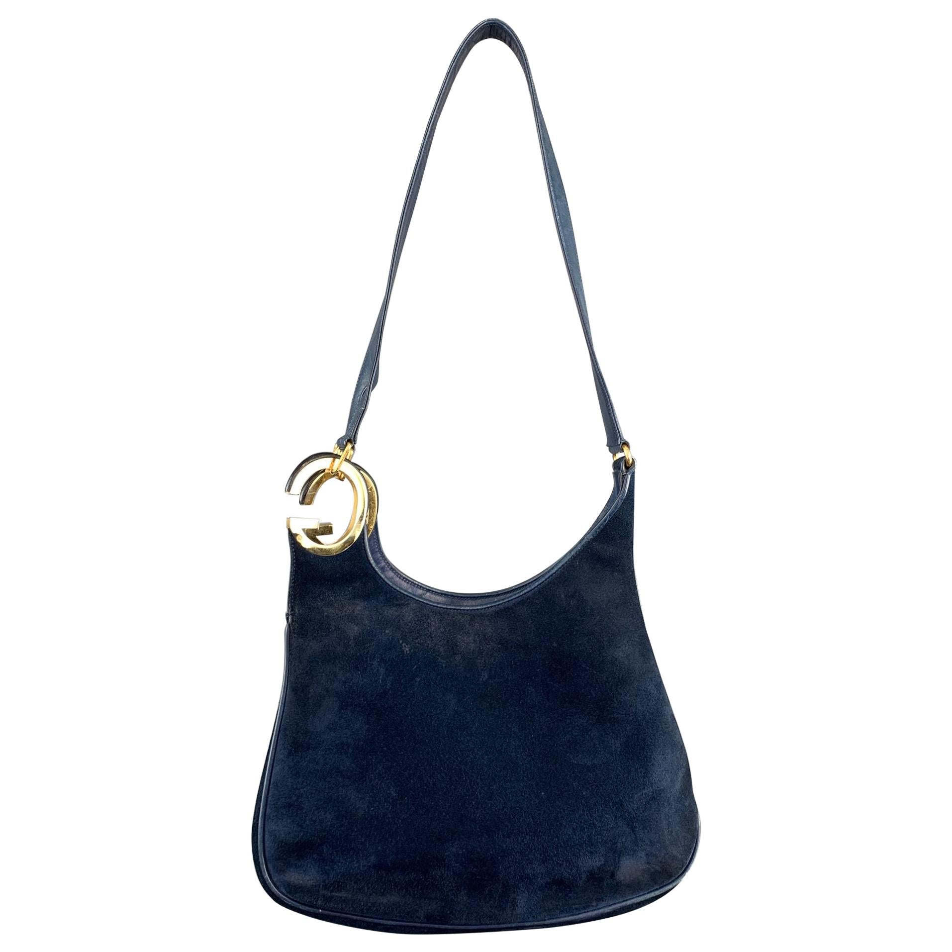 Vintage GUCCI Navy Blue Suede Gold Tone GG Shoulder Bag