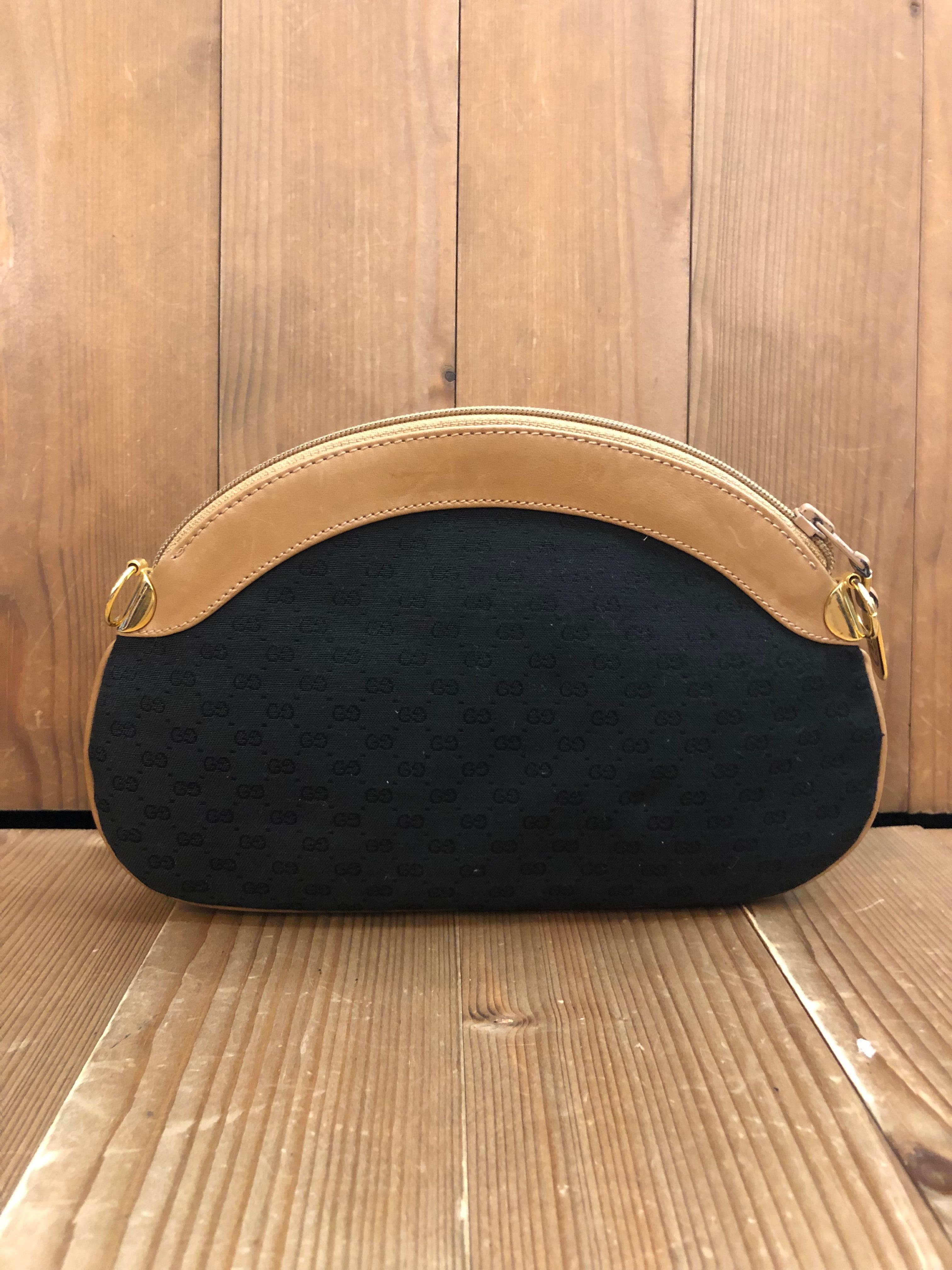 Vintage GUCCI Micro GG Jacquard Double Crossbody Bag Black Beige In Excellent Condition For Sale In Bangkok, TH
