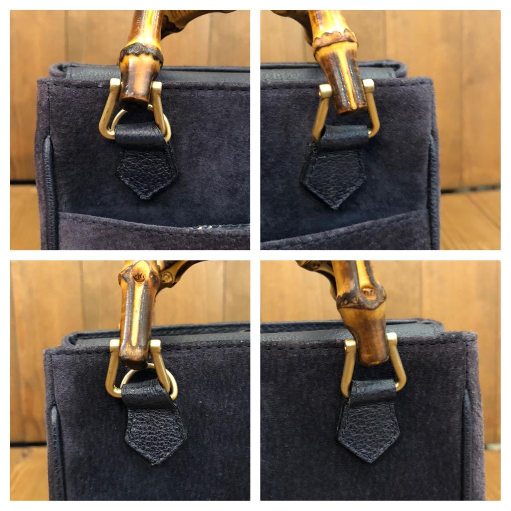 Vintage GUCCI Small Suede Bamboo Two-Way Crossbody Bag Handbag Navy 5