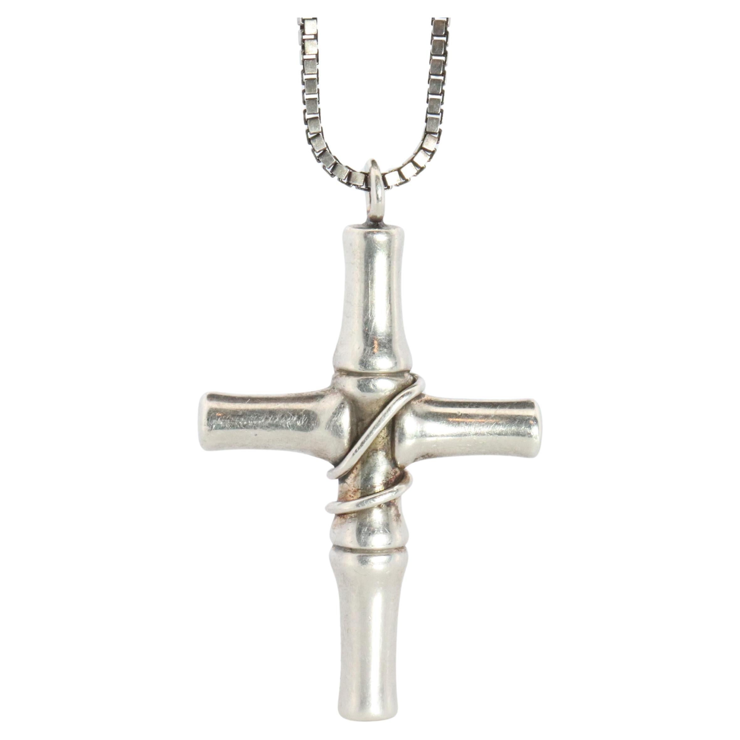 Vintage GUCCI Necklace. Bamboo Cross Gucci Logo Sterling Silver Pendant