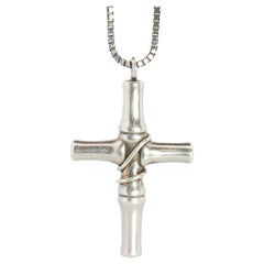 Vintage GUCCI Necklace. Bamboo Cross Gucci Logo Sterling Silver Pendant