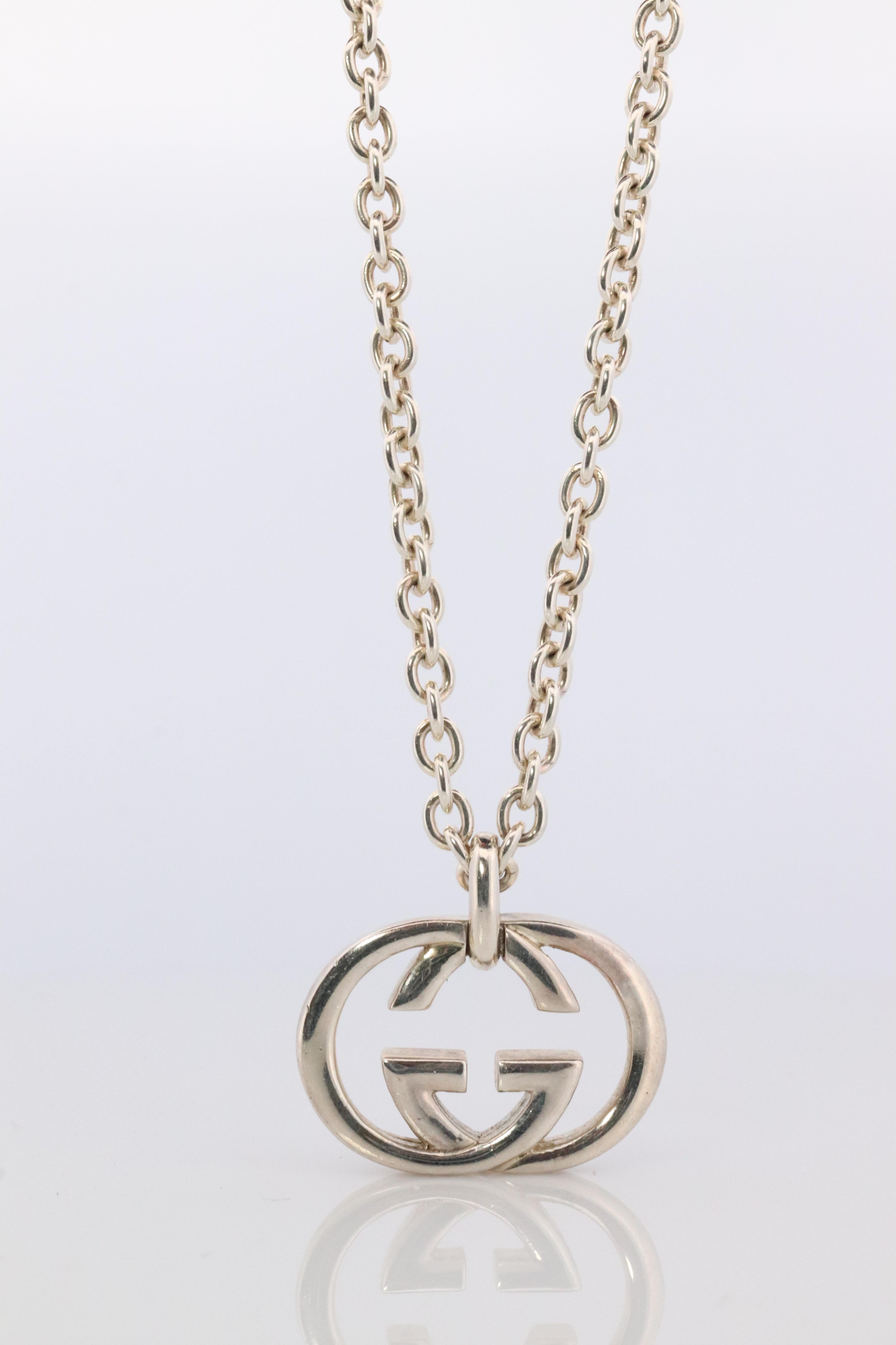Modern Vintage GUCCI Necklace. Double G Gucci Logo Sterling Silver Pendant Original box