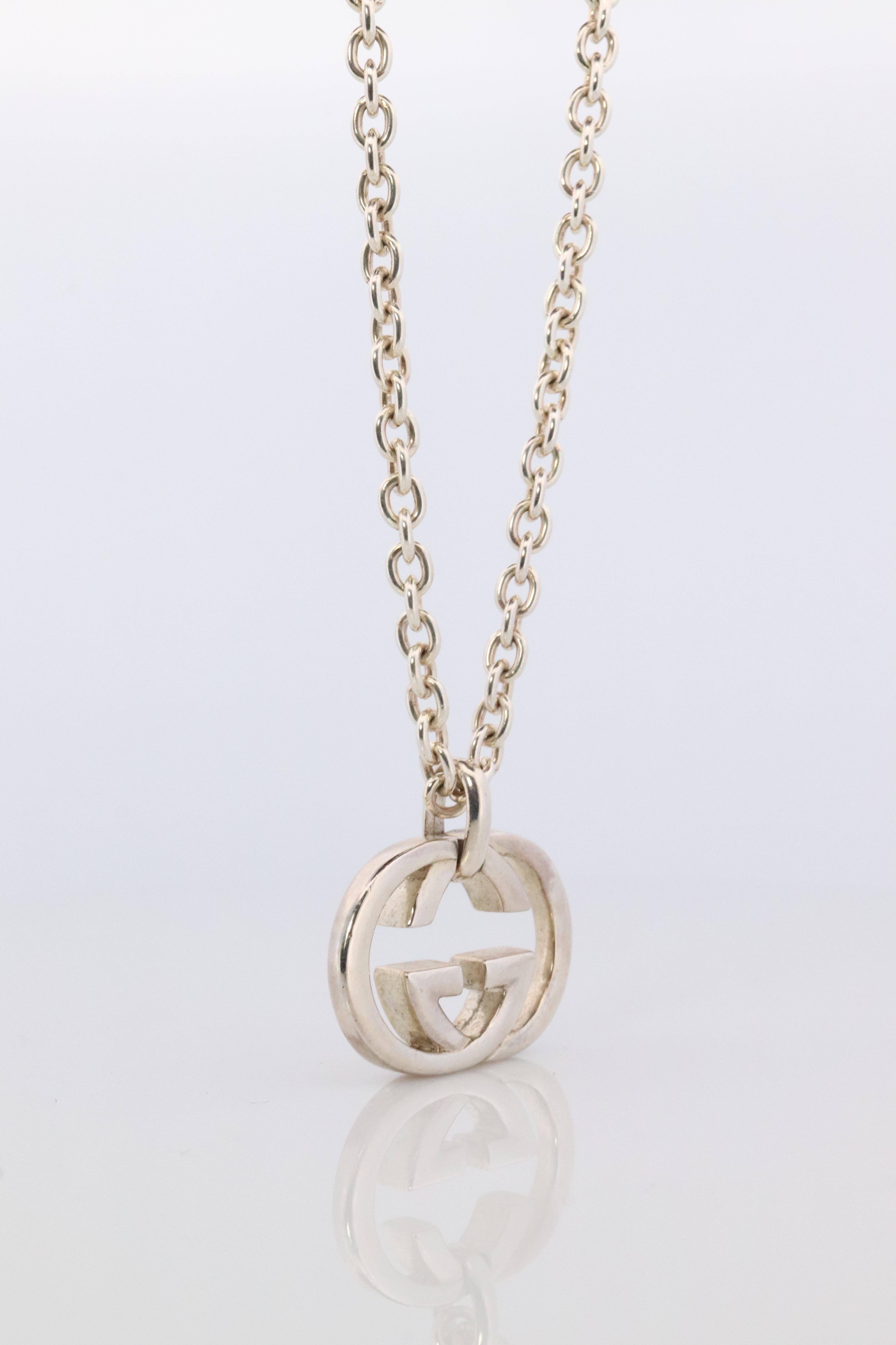 Round Cut Vintage GUCCI Necklace. Double G Gucci Logo Sterling Silver Pendant Original box
