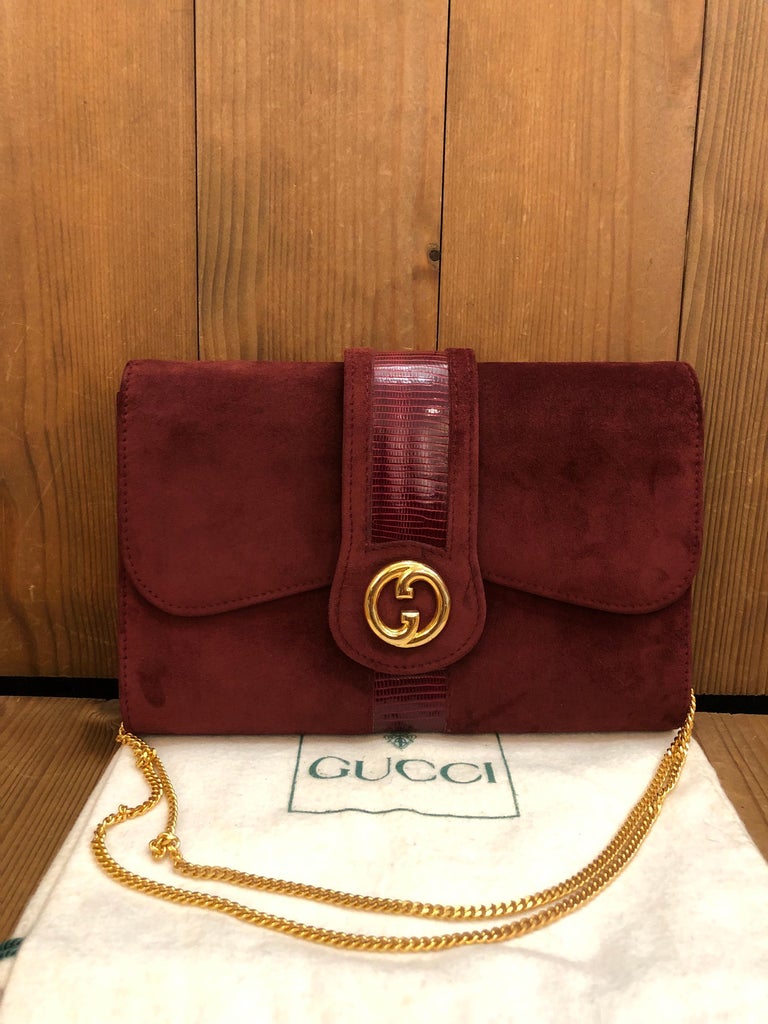 Vintage GUCCI Nubuck Evening Clutch Chain Bag Burgundy Small For