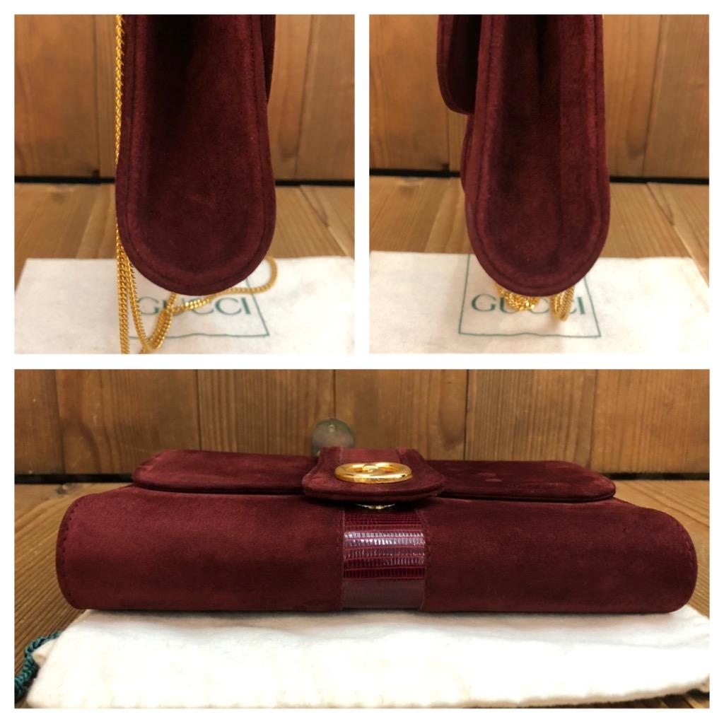 1970s Vintage GUCCI Nubuck Evening Clutch Chain Bag Burgundy Small In Excellent Condition For Sale In Bangkok, TH