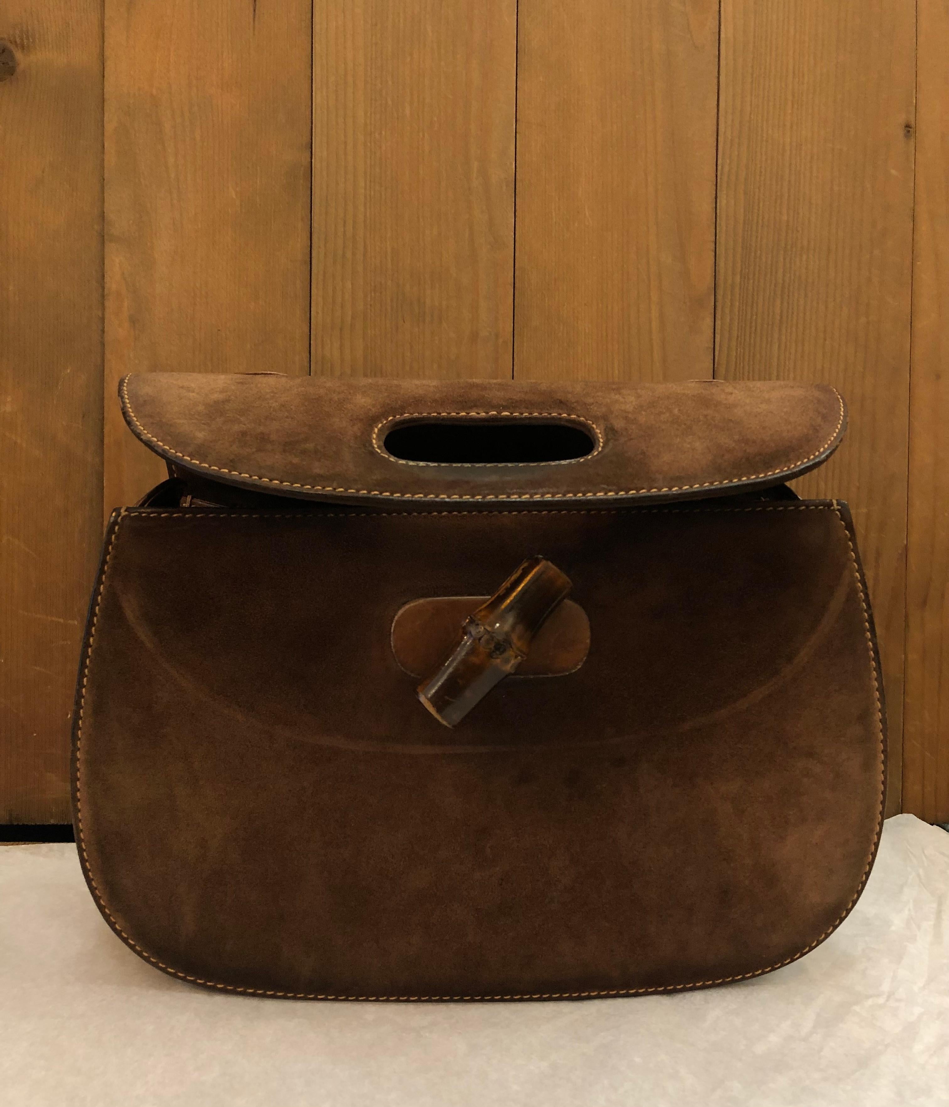Vintage GUCCI Nubuck Leather Bamboo Top Handle Handbag Brown 5