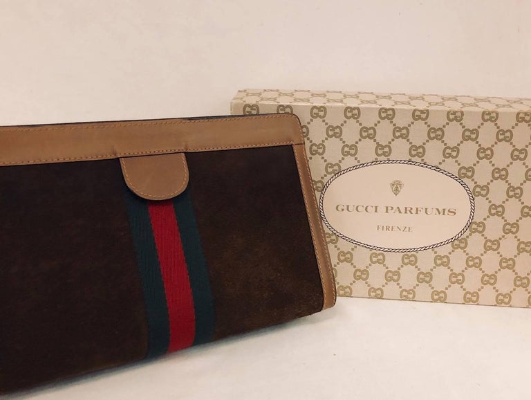 Gucci Parfums Vintage Brown Suede Clutch With Signature  at 1stDibs