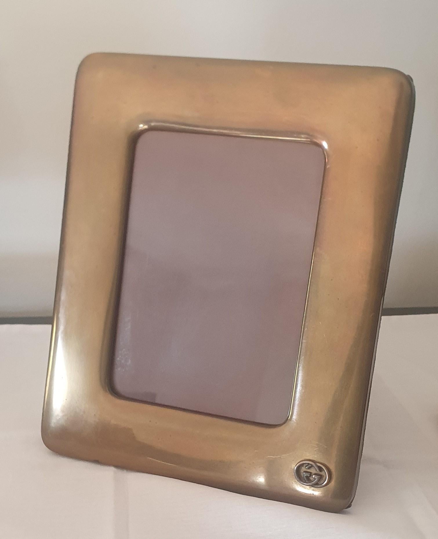 Italian Vintage GUCCI Photo Frame in Brass with Brown Velvet back and Silk Moire Lining For Sale