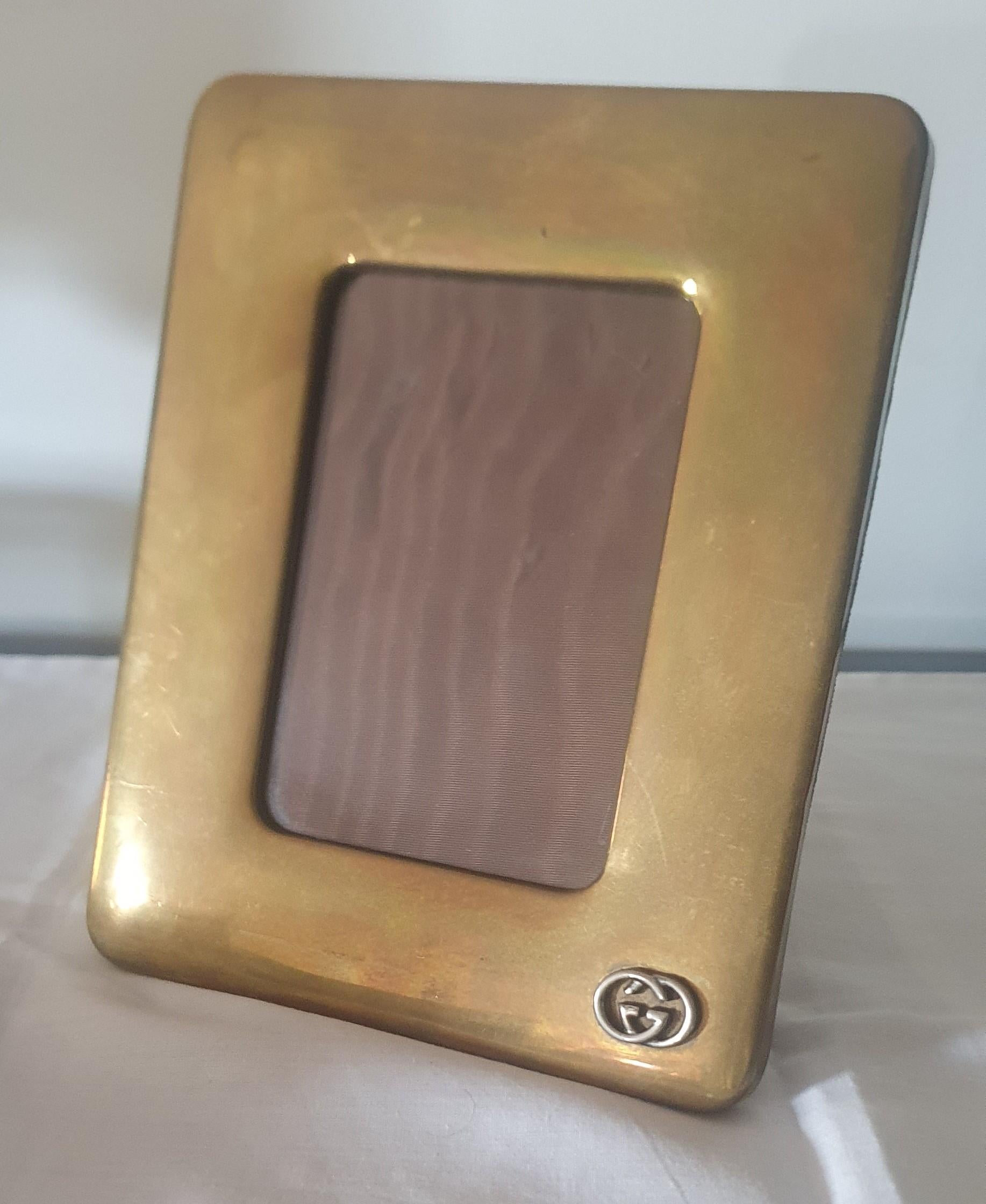 Late 20th Century Vintage GUCCI Photo Frame in Brass with Brown Velvet back and Silk Moiree Lining For Sale