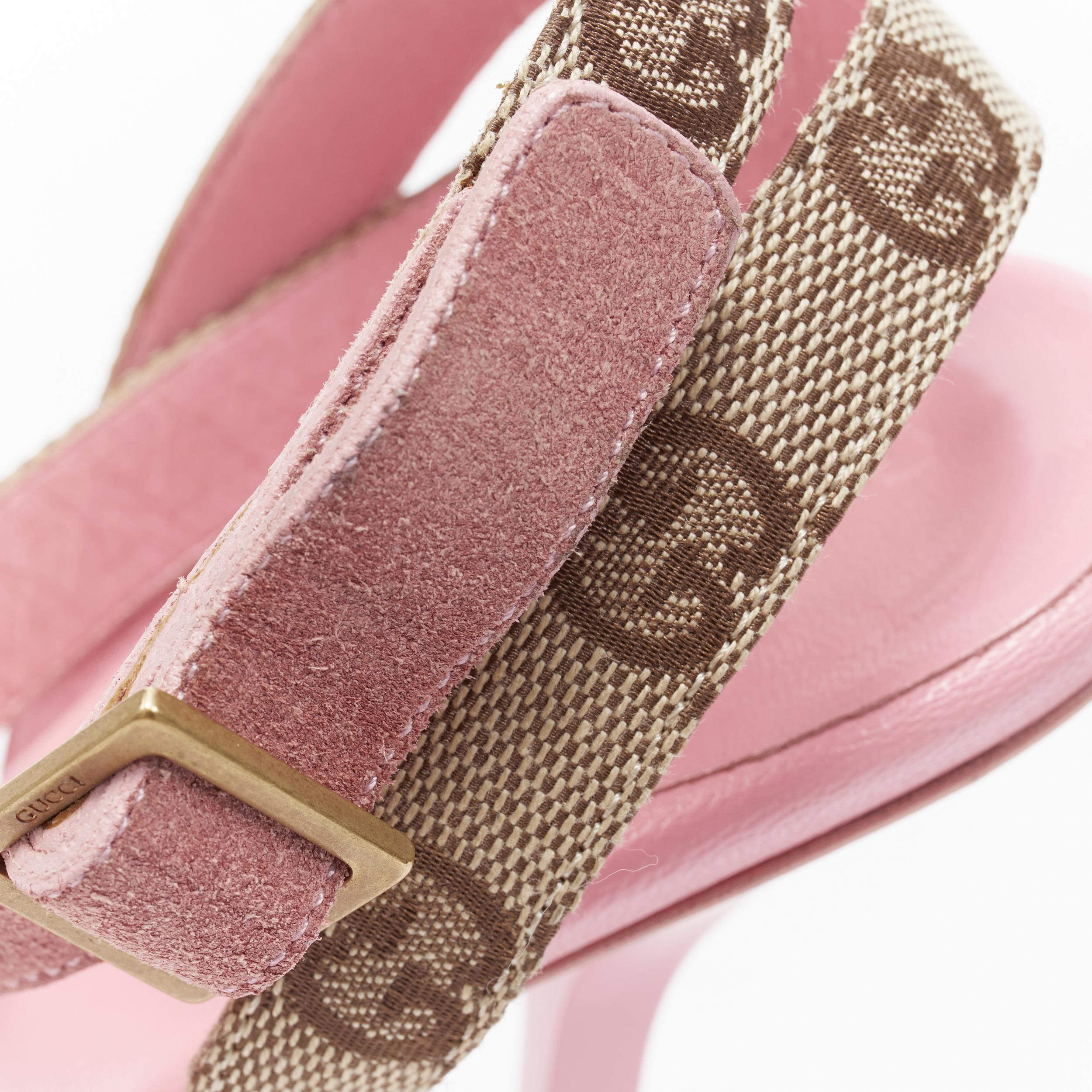 vintage GUCCI pink leather ankle strap GG monogram canvas heel sandals US7.5 B 2