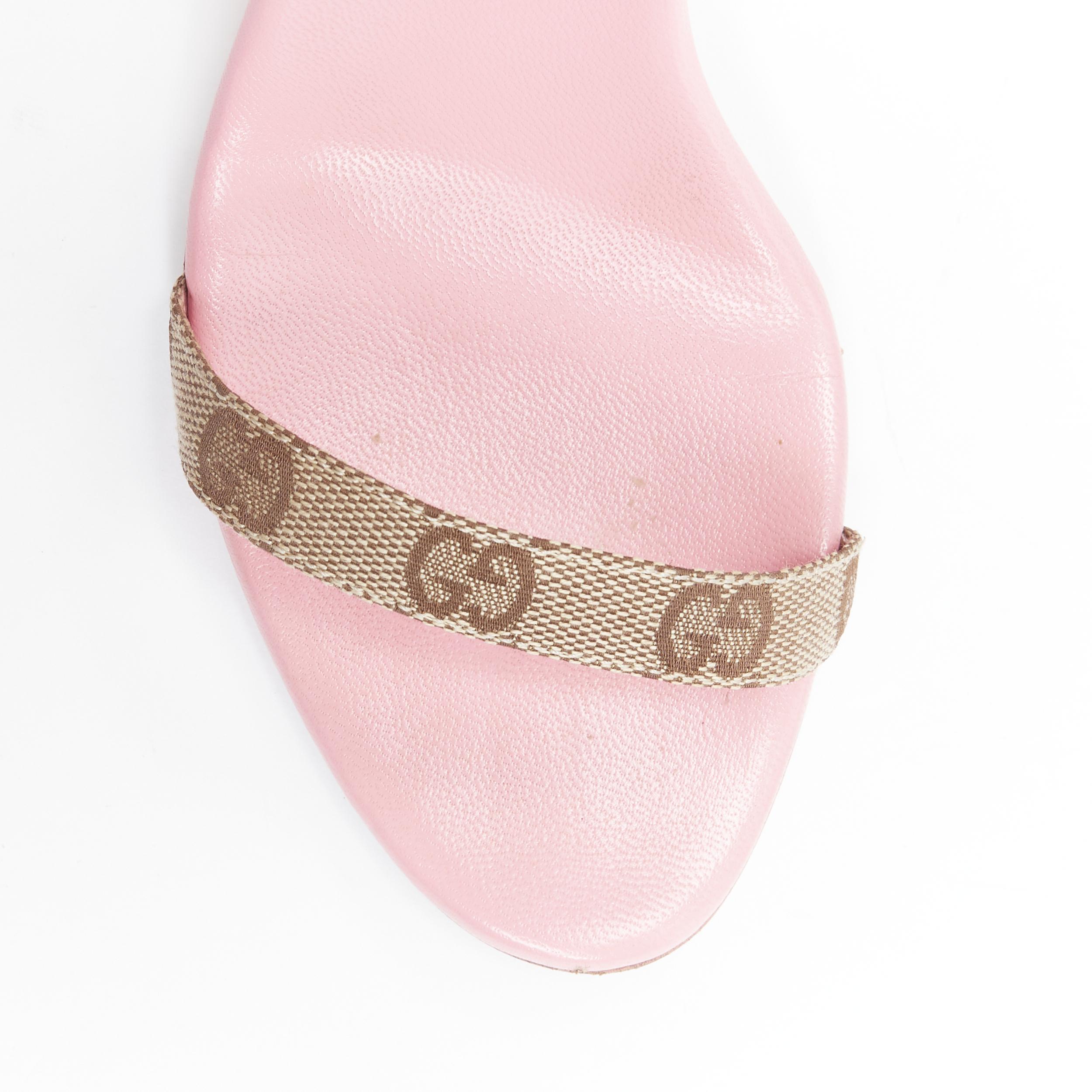 vintage GUCCI pink leather ankle strap GG monogram canvas heel sandals US7.5 B In Good Condition In Hong Kong, NT