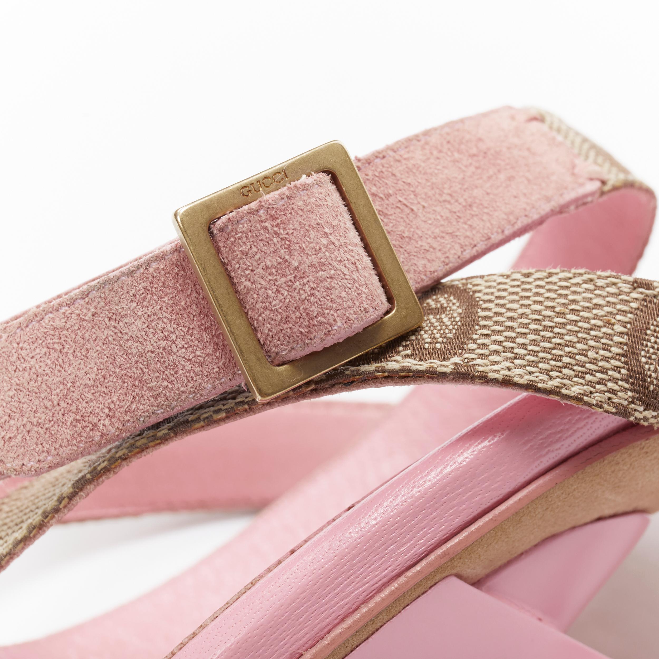 Women's vintage GUCCI pink leather ankle strap GG monogram canvas heel sandals US7.5 B