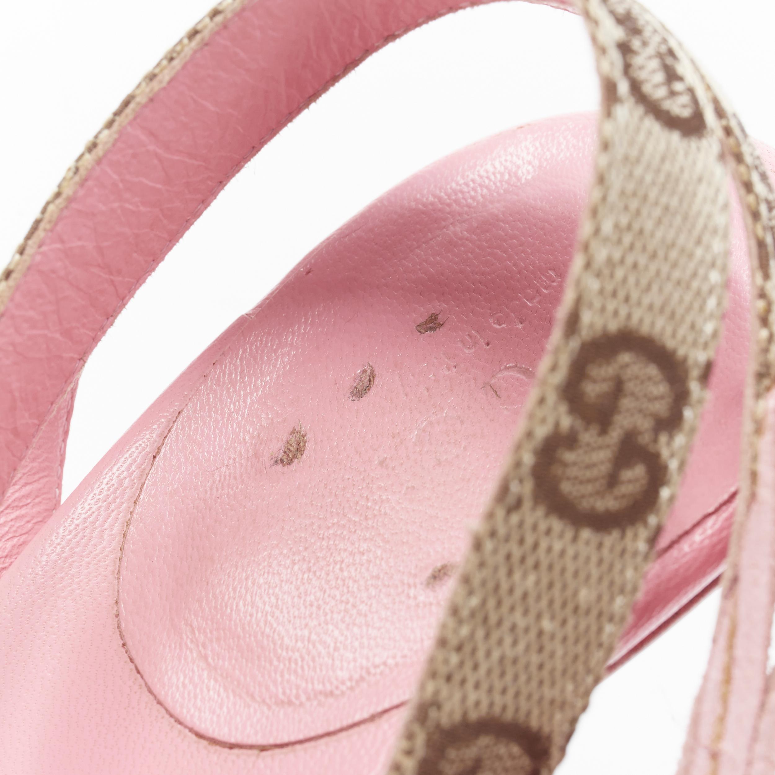 vintage GUCCI pink leather ankle strap GG monogram canvas heel sandals US7.5 B 1