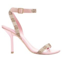 Vintage GUCCI Rosa Leder-Sandalen mit Knöchelriemen GG und Monogramm aus Segeltuch mit Absatz aus Segeltuch US7,5 B