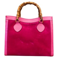 Retro GUCCI Diana Tote Bamboo Tote Bag Suede Leather Hot Pink (Medium)