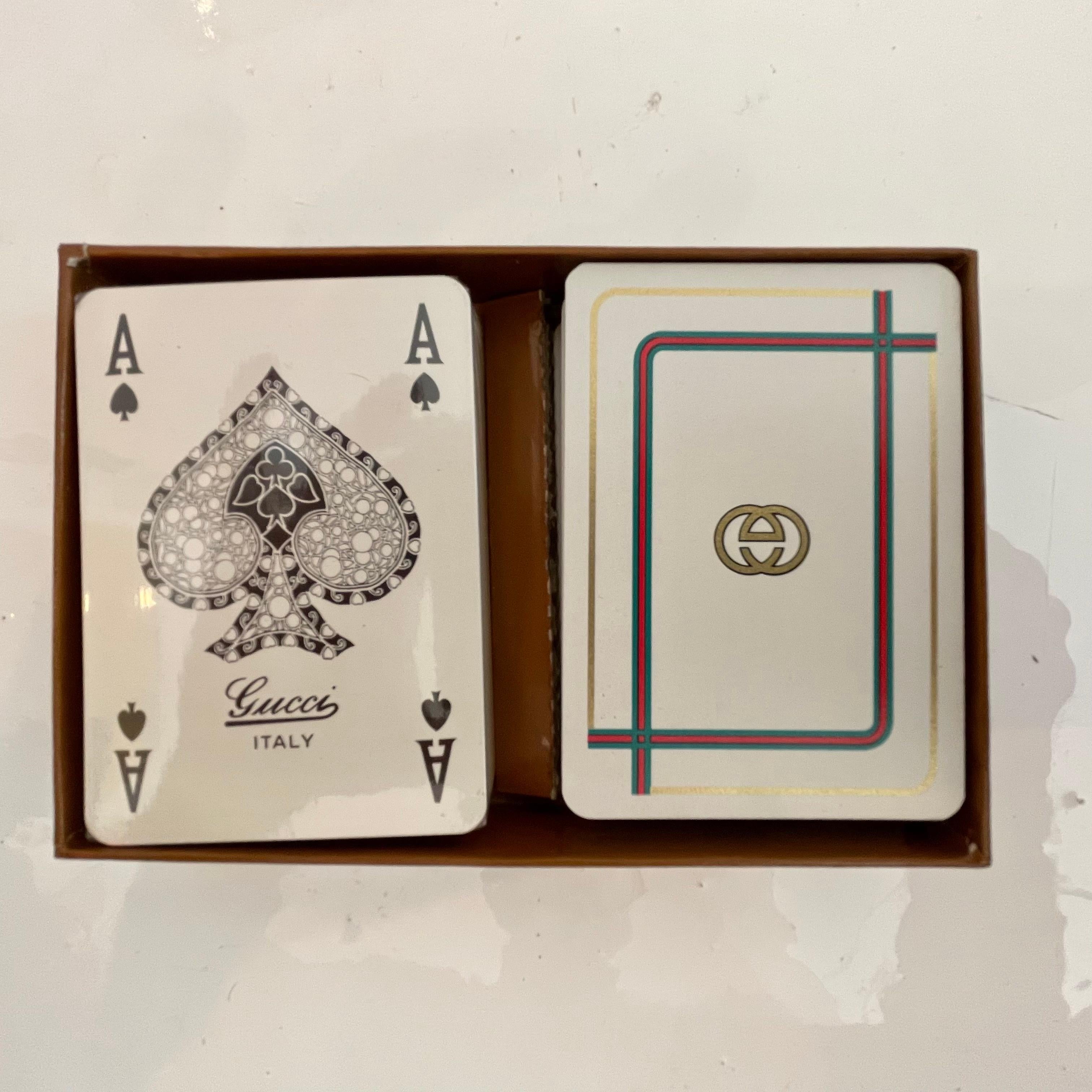 Rare Gucci playing cards in the original box. Cards are plastic and washable. Two complete decks with two jokers and a bridge card in French. One set still sealed in plastic and un-used. Makes a perfect gift for the Gucci collector.